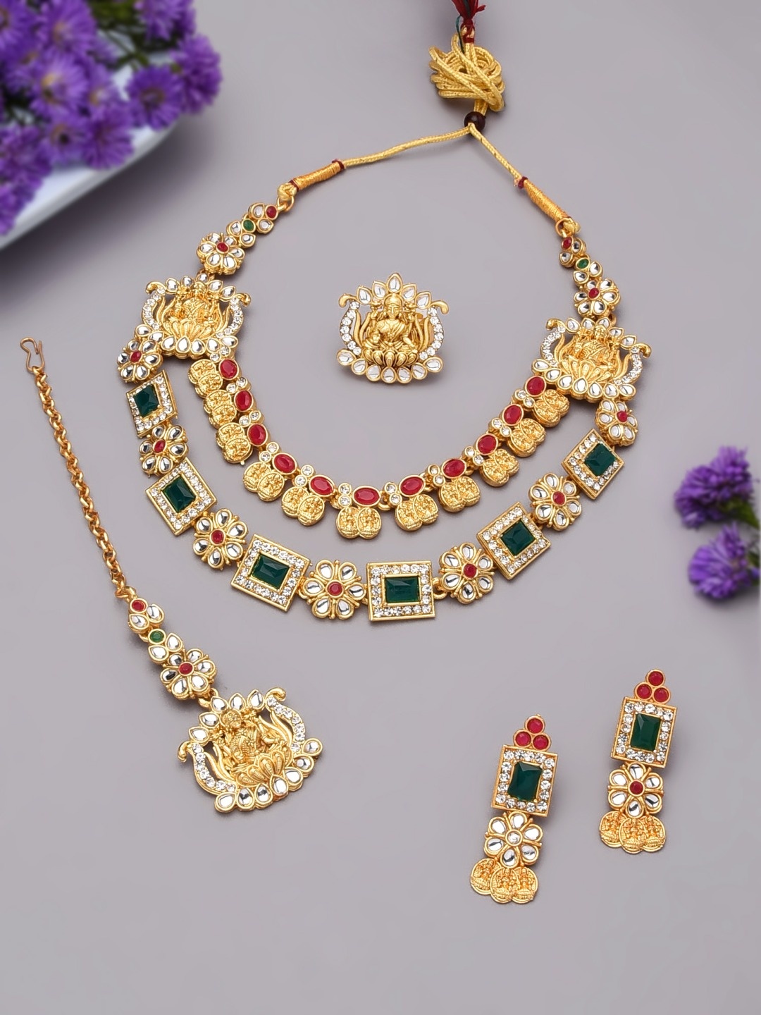 

Zaveri Pearls Gold-Plated White & Pink Kundan-Studded Temple Jewellery Set