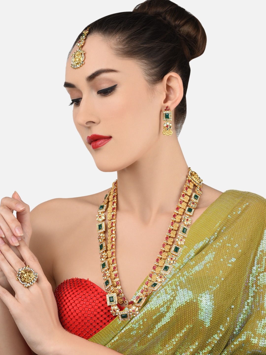 

Zaveri Pearls Gold-Plated Green & Pink Kundan-Studded Temple Jewellery Set