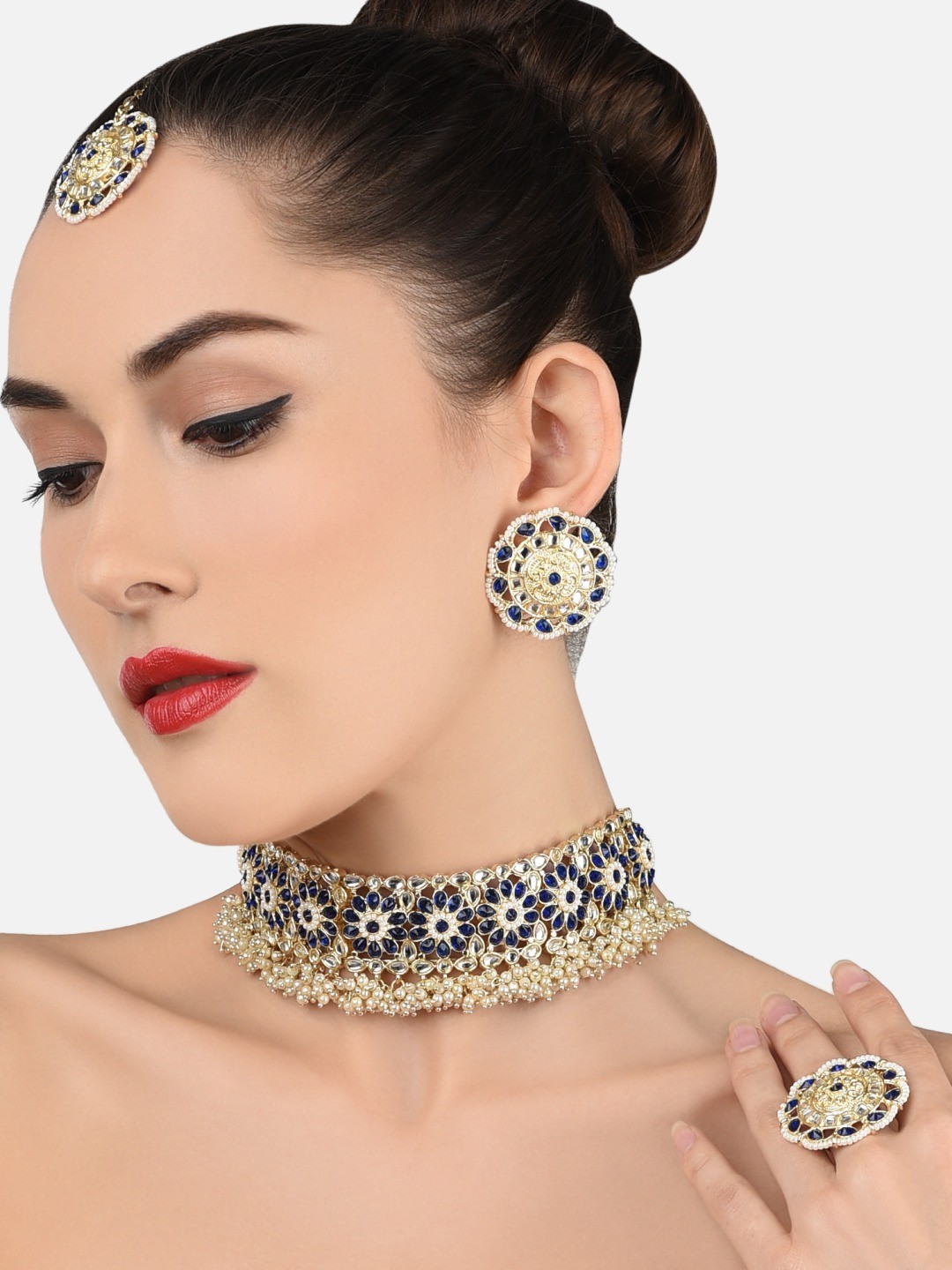 

Zaveri Pearls Gold-Plated Blue Kundan-Studded Temple Jewellery Set