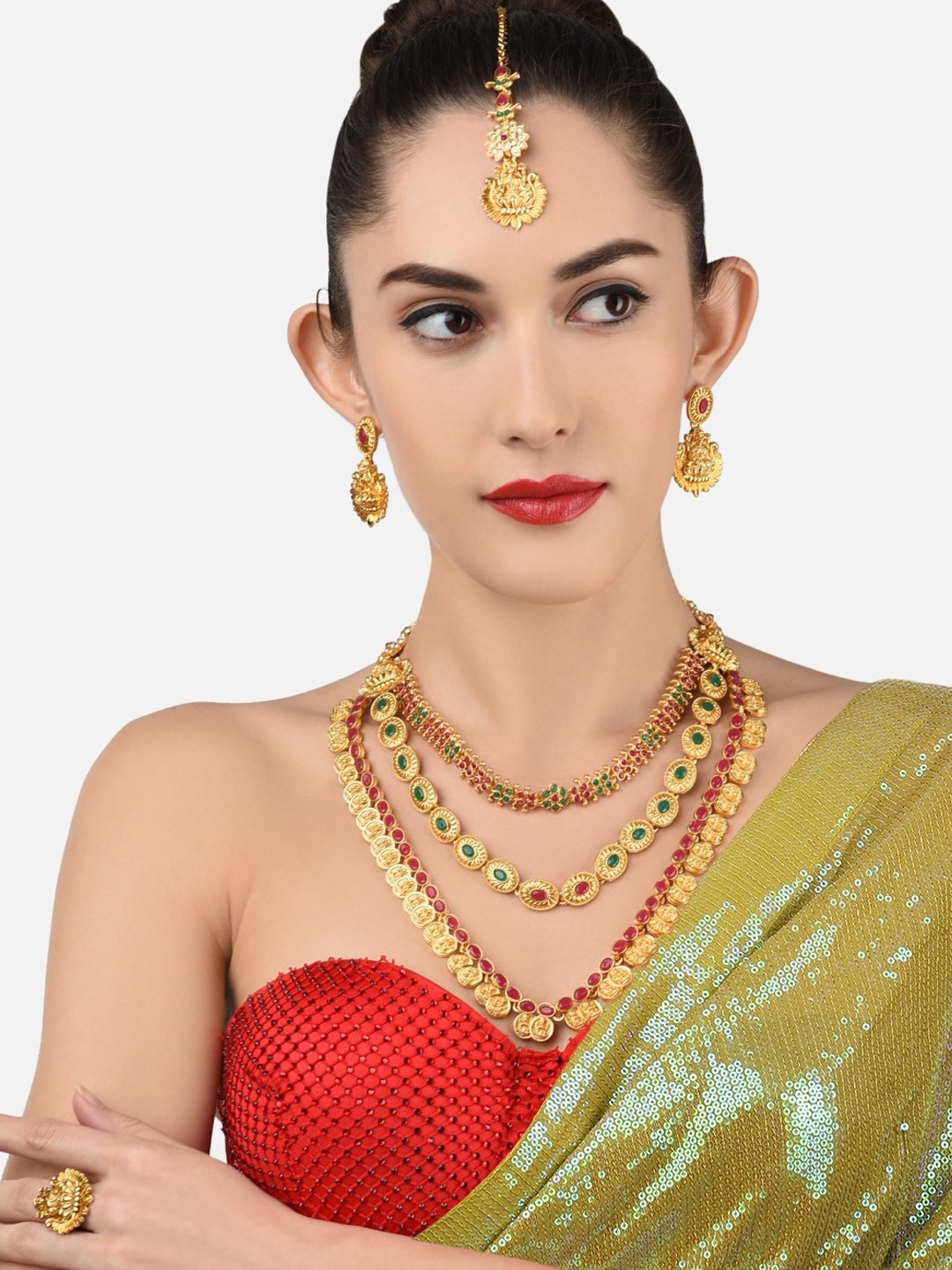 

Zaveri Pearls Gold Plated Pink & Green Stone Studded Temple Jewellery Set