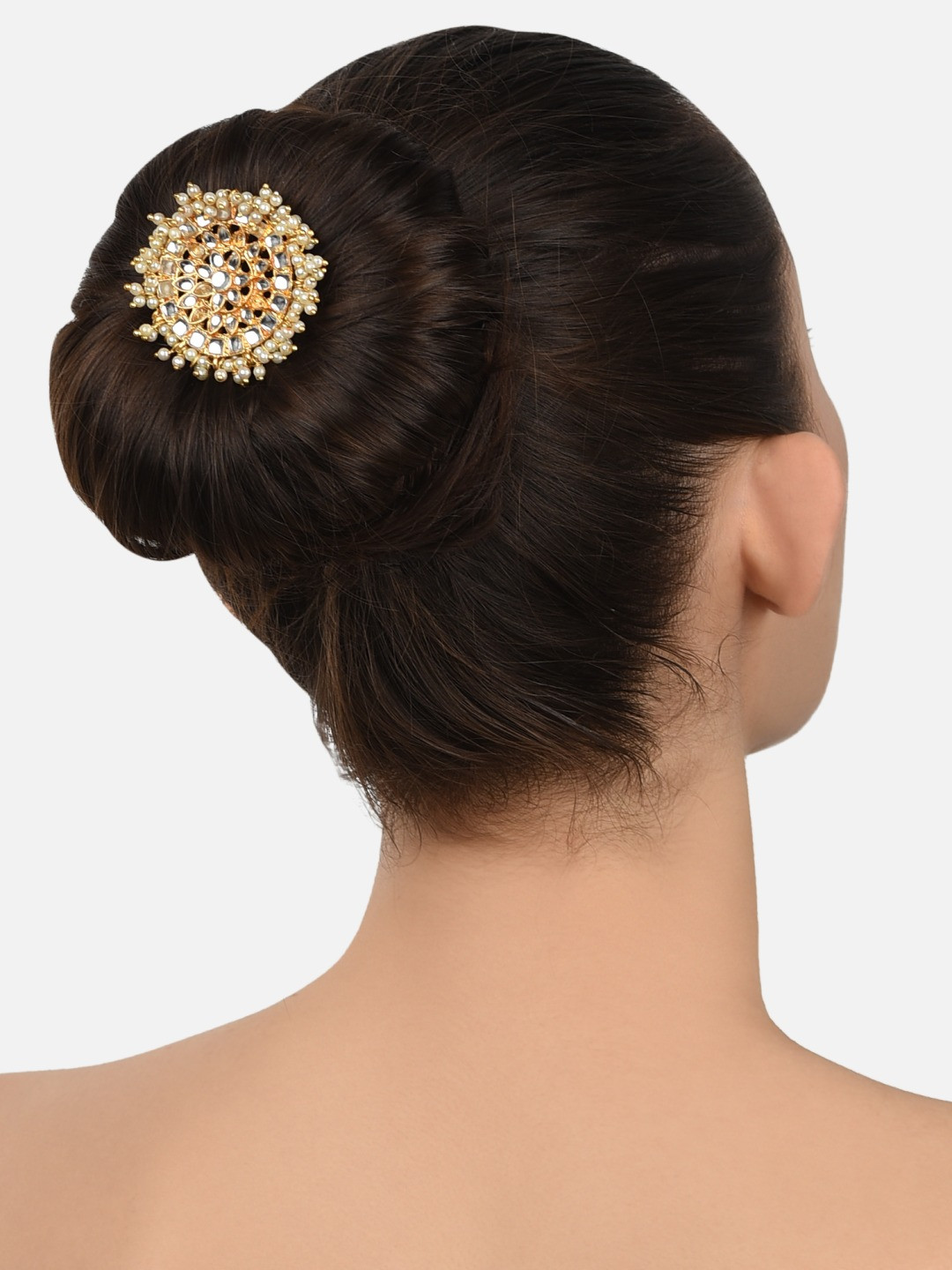 

Zaveri Pearls Gold-Plated & White Kundan Studded & Pearl Beaded Hair Bun Pin