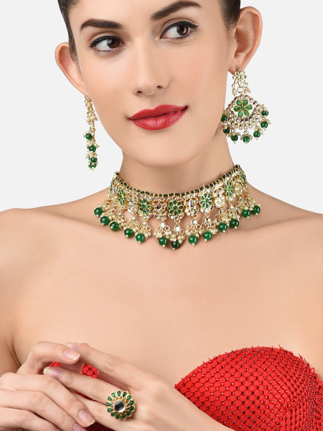 

Zaveri Pearls Gold-Plated White & Green Kundan Studded & Beaded Jewellery Set
