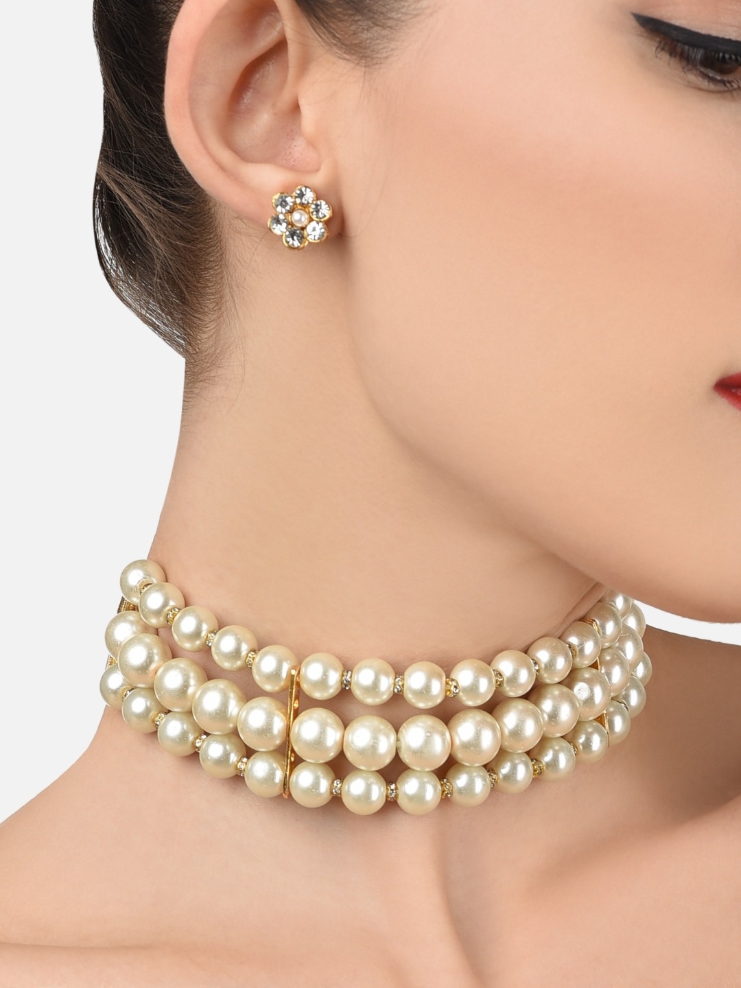 

Zaveri Pearls Gold-Plated White Stone-Studded & Pearl Beaded Jewellery Set