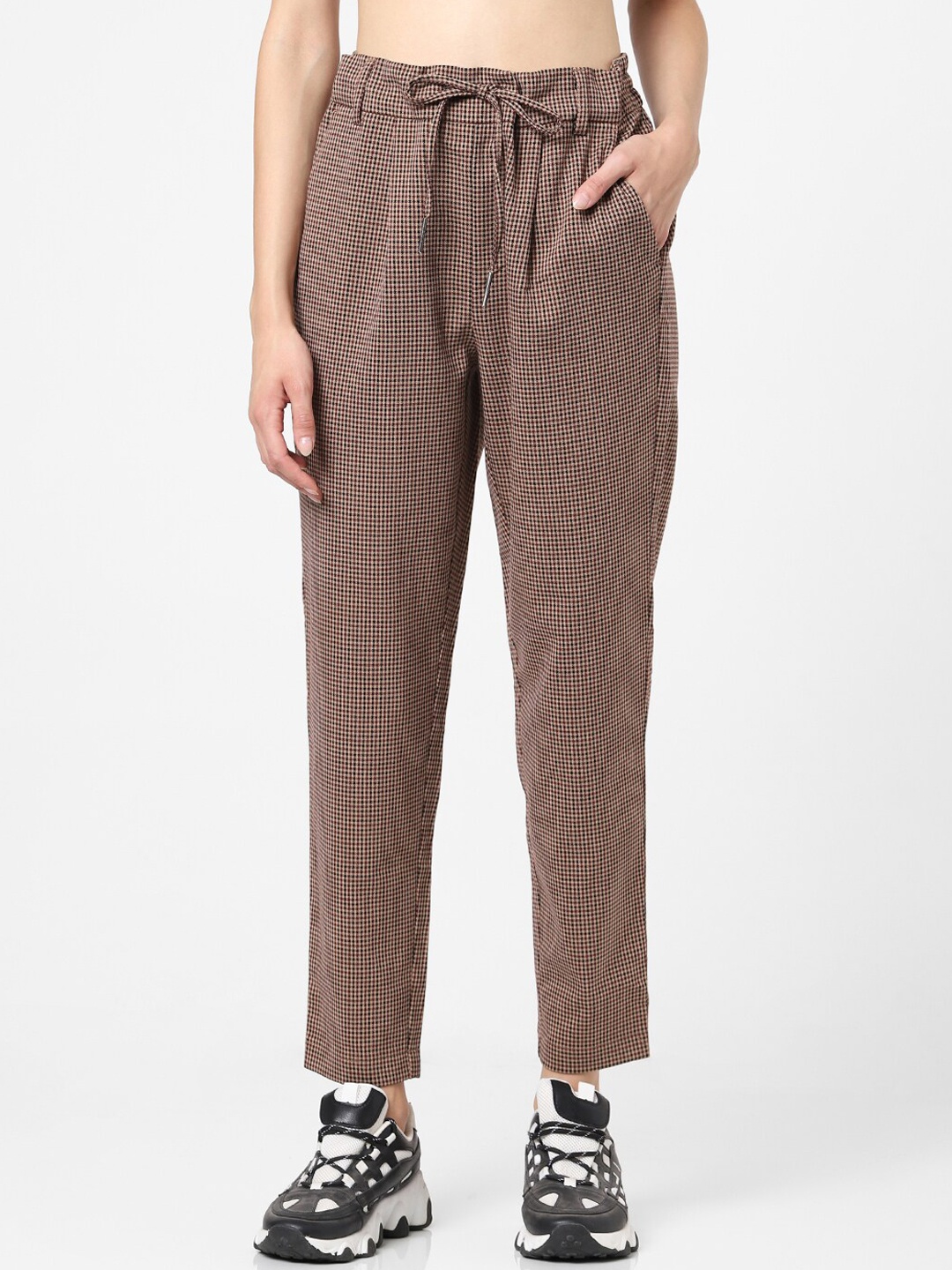 

ONLY Women Brown Checked High-Rise Pleated Trousers