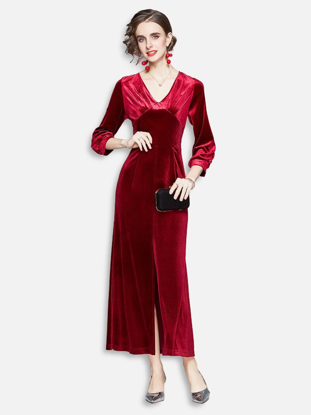 

JC Collection Women Red Solid Velvet Finish Front-Slit Maxi Dress