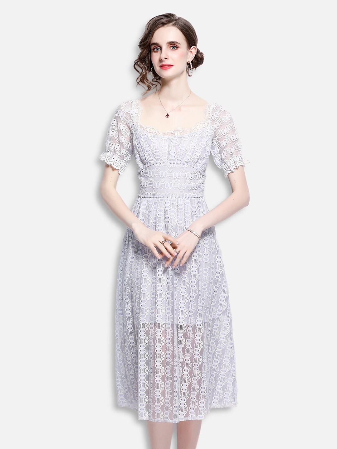 

JC Collection Women Powder Blue & White Self Design Net Empire Dress