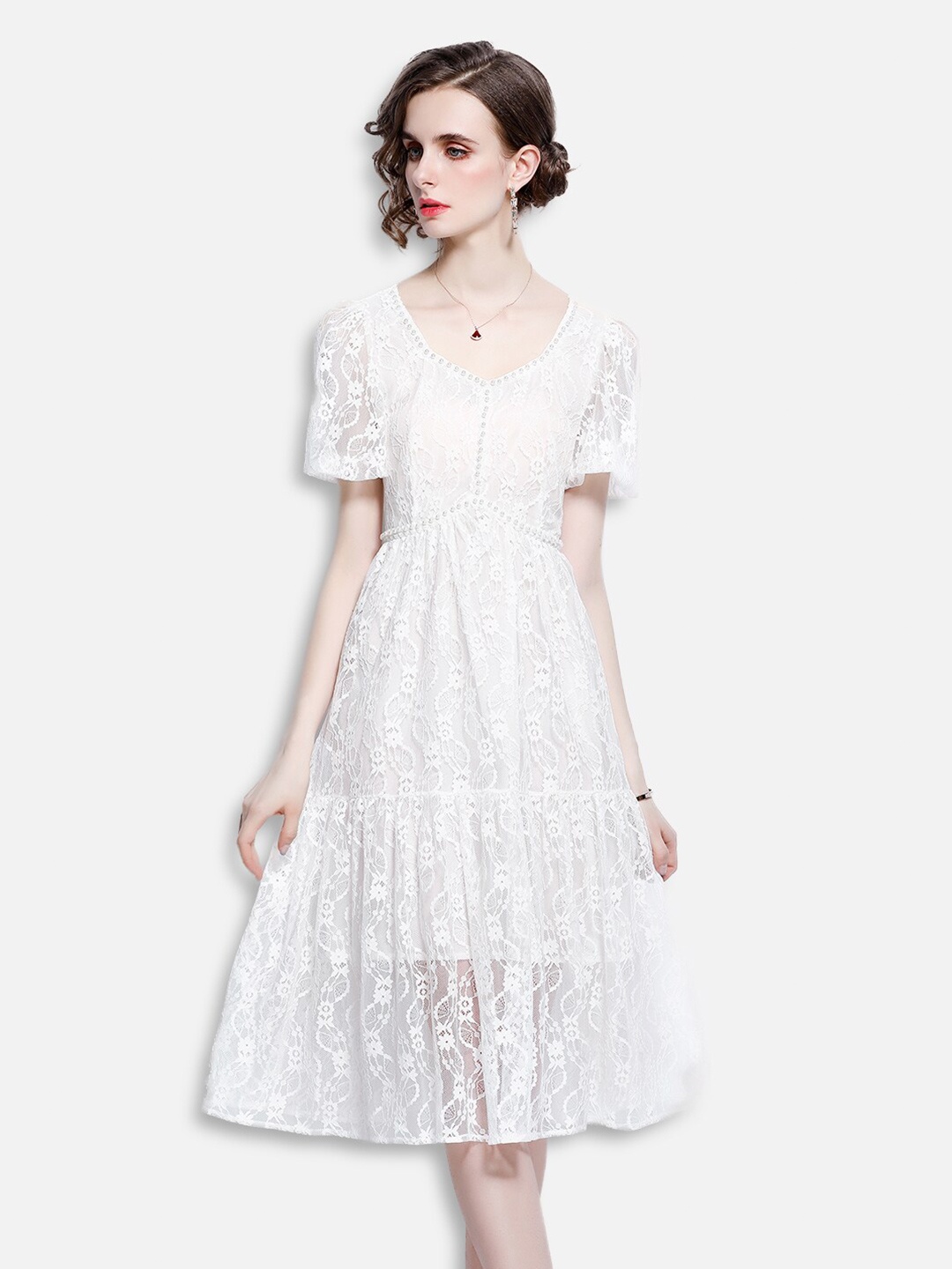 

JC Collection Women White Self Design Net Fit & Flare Dress