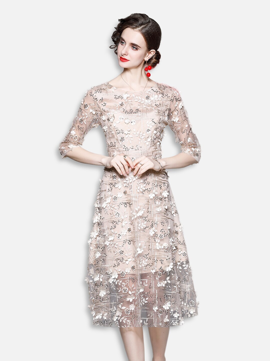 

JC Collection Women Beige & White Floral Sequinned Net Midi Fit & Flare Dress