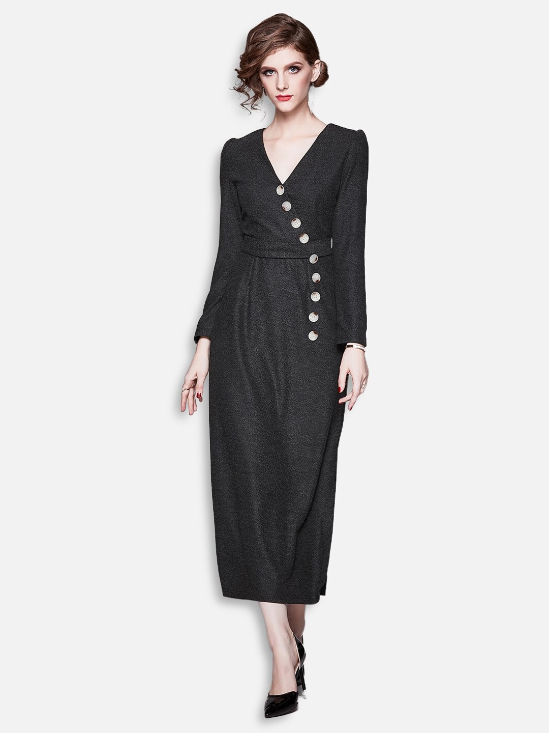 

JC Collection Women Charcoal Grey Midi High-Slit Wrap Dress