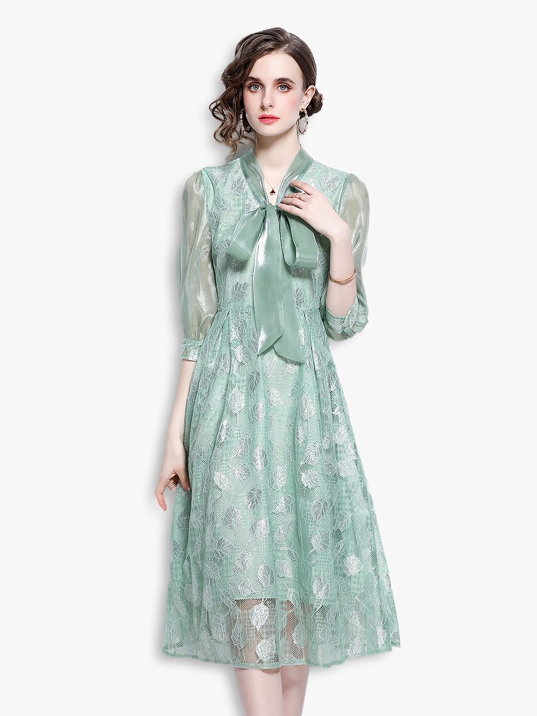 

JC Collection Women Green Floral Net Midi Fit & Flare Dress