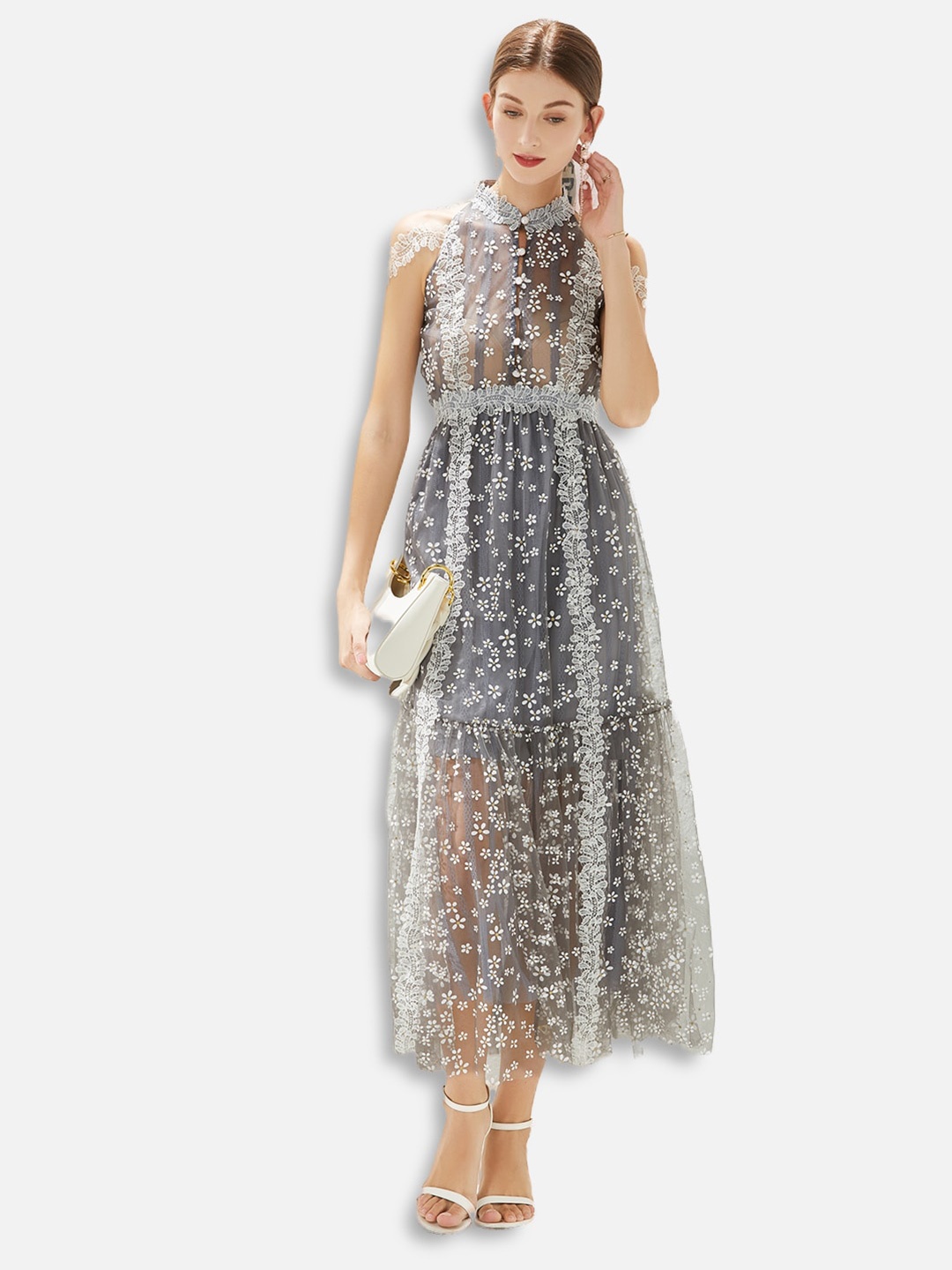 

JC Collection Women Charcoal Grey & White Floral Print Flounce Hem Maxi Dress