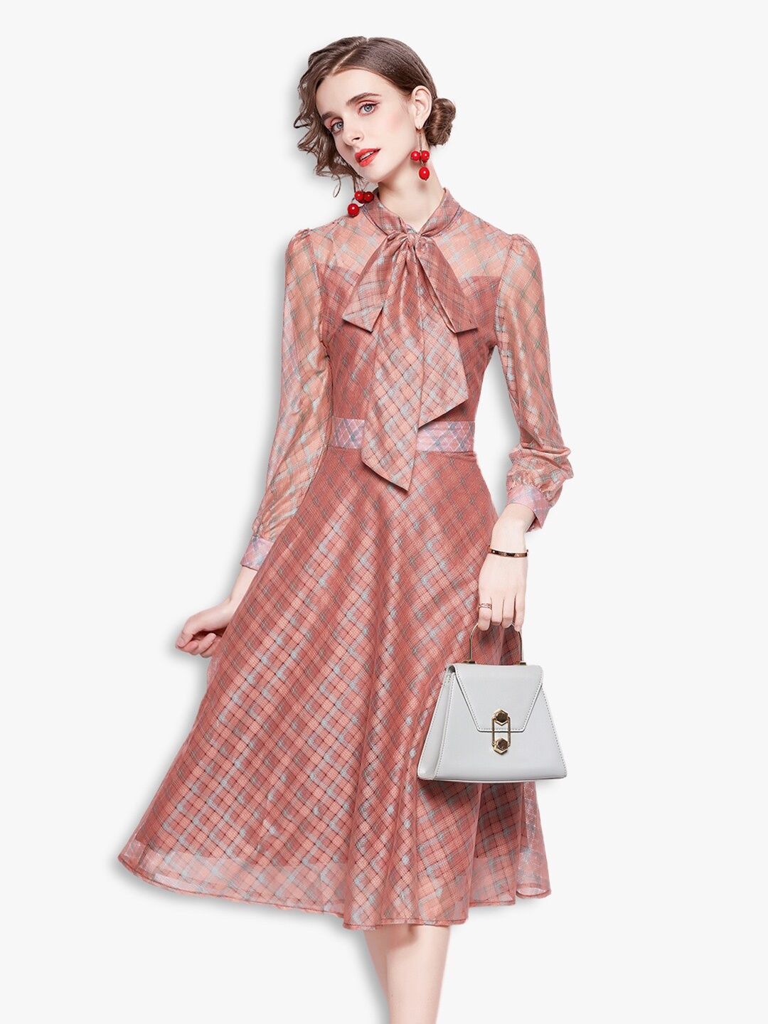 

JC Collection Women Pink & Blue Checked Midi Fit & Flare Dress