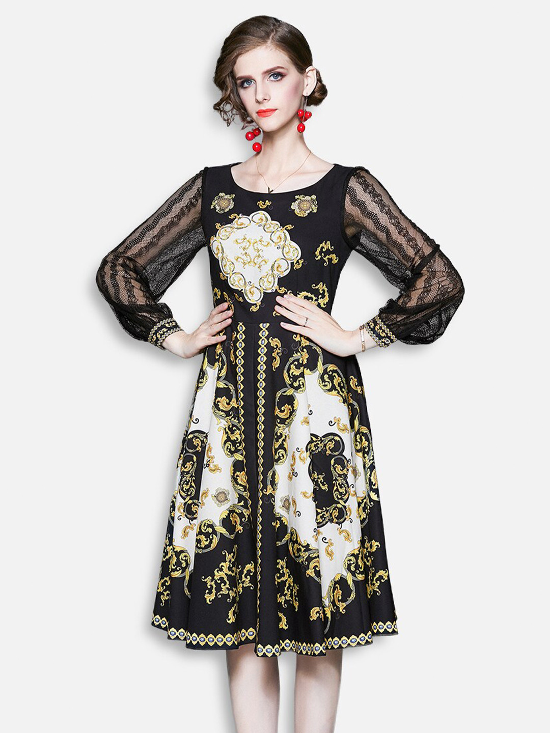 

JC Collection Women Black & White Scarf Print Fit & Flare Dress