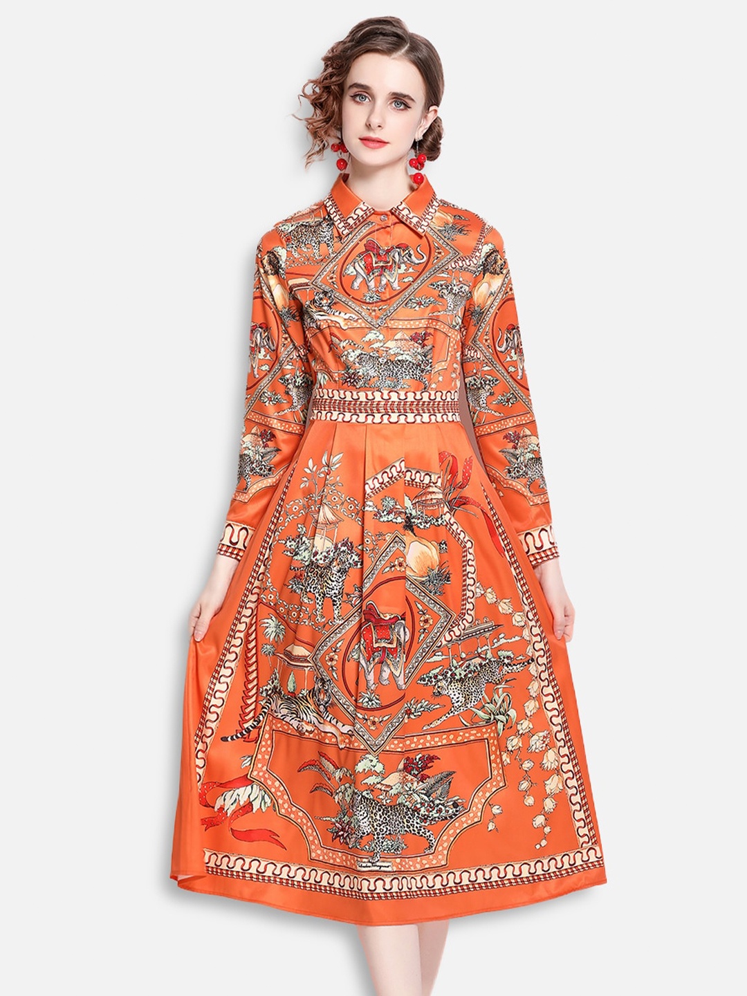 

JC Collection Women Orange & Off-White Scarf Print Midi A-Line Dress