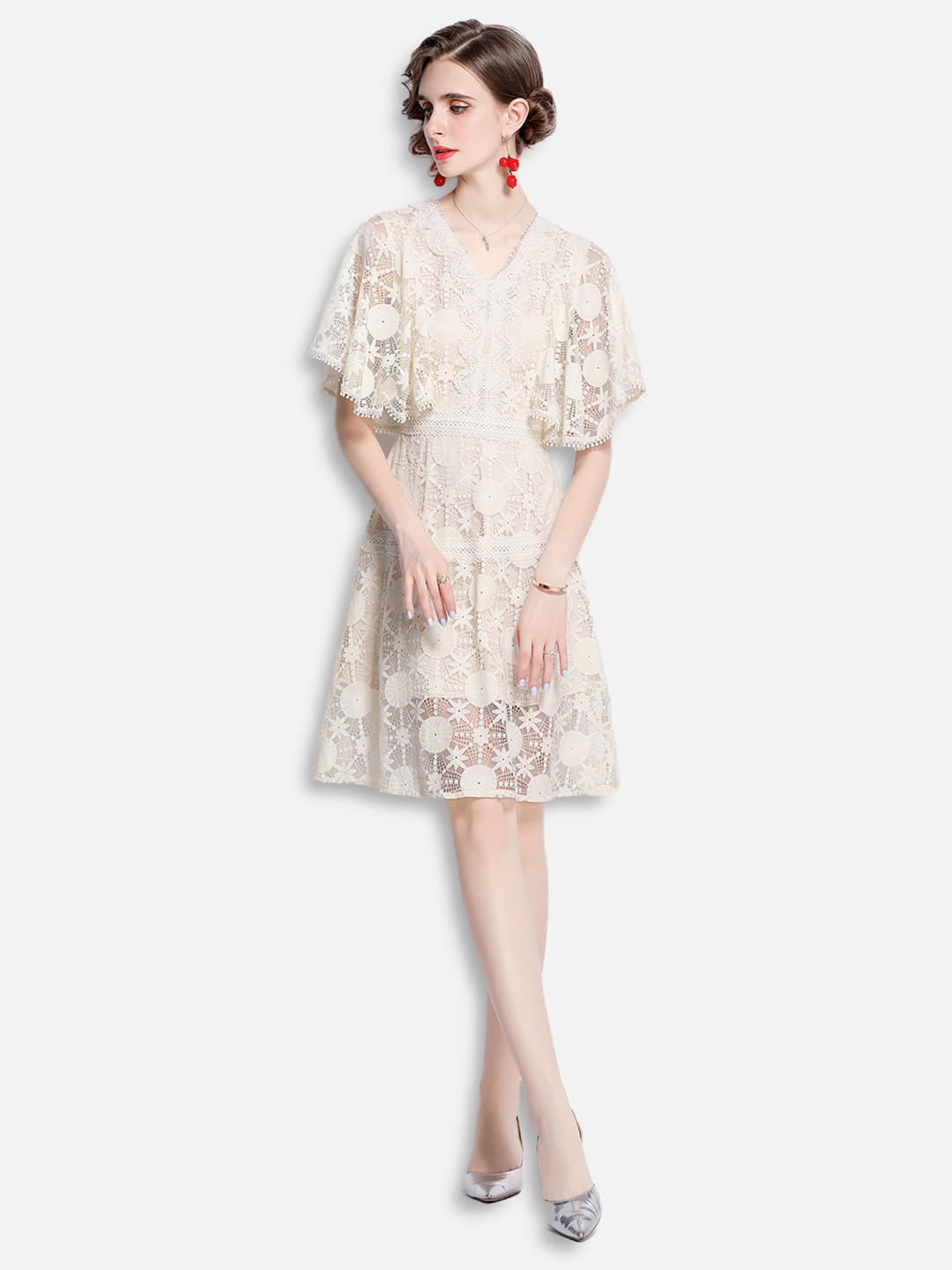 

JC Collection Women Off-White Self Design Net Fit & Flare Dress