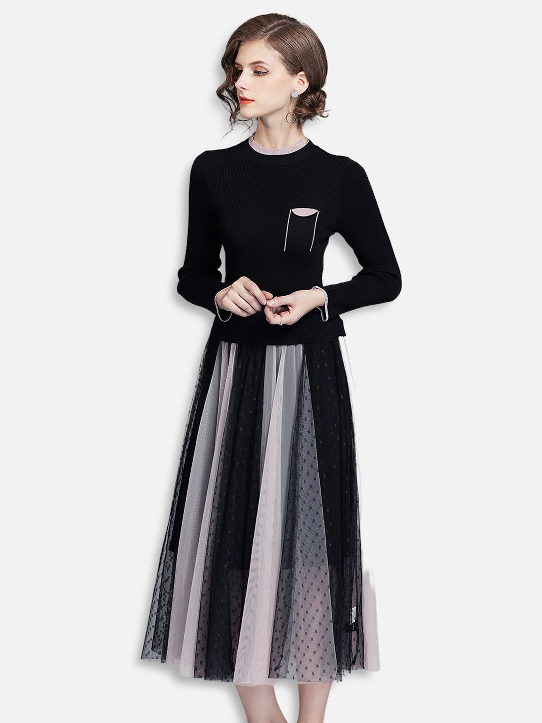 

JC Collection Women Black & White Striped Net Midi Fit & Flare Dress