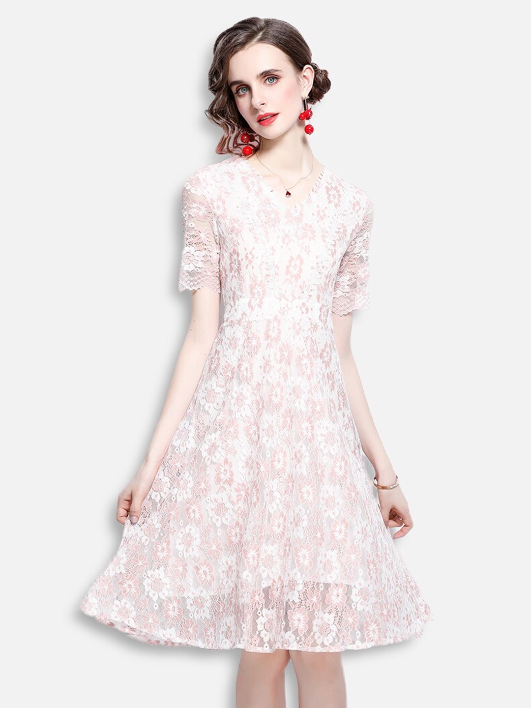 

JC Collection Women White & Peach-Coloured Self Design Net Fit & Flare Dress