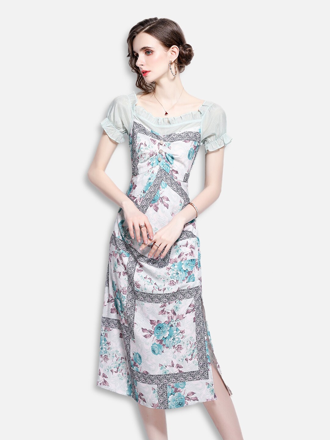 

JC Collection Women White & Green Scarf Print Midi Side-Slit A-Line Dress