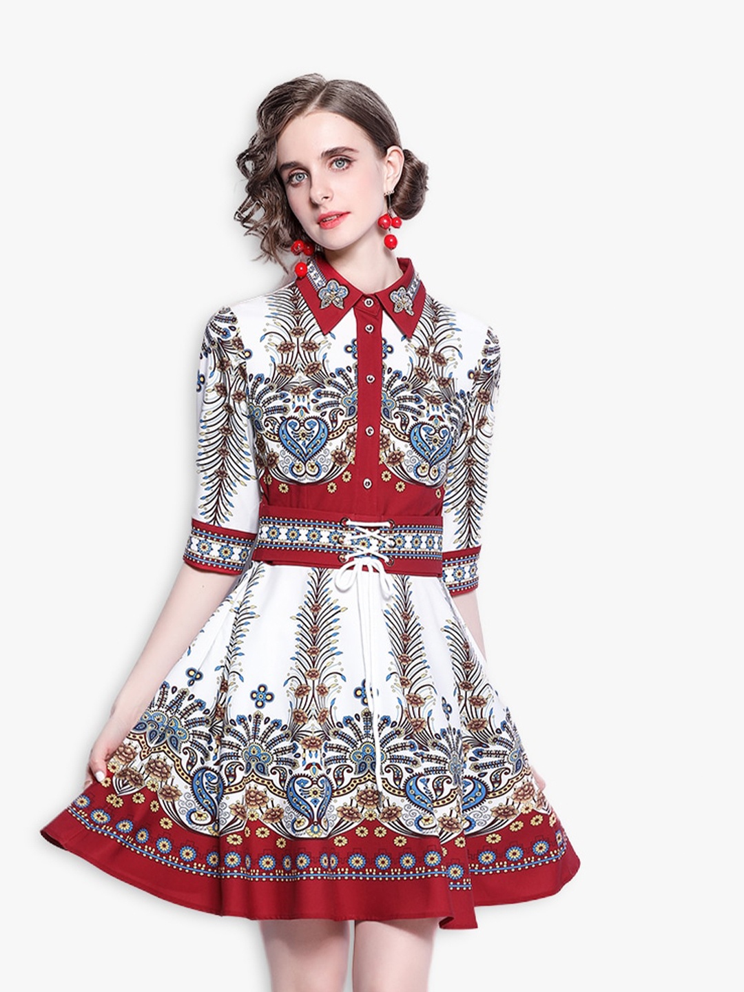

JC Collection Women White & Black Ethnic Motifs Print Shirt Dress