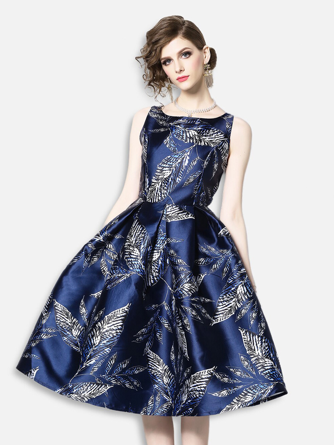 

JC Collection Women Navy Blue & Off-White Leaf Print Fit & Flare Dress