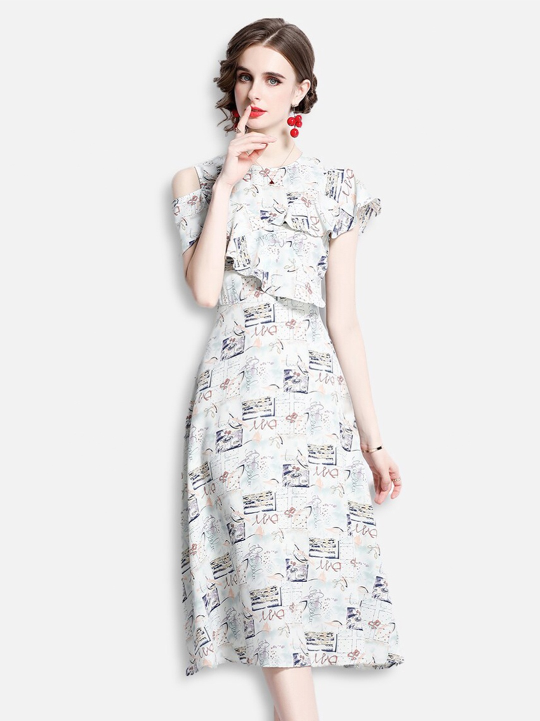 

JC Collection Women White & Blue Printed Layered Midi A-Line Dress