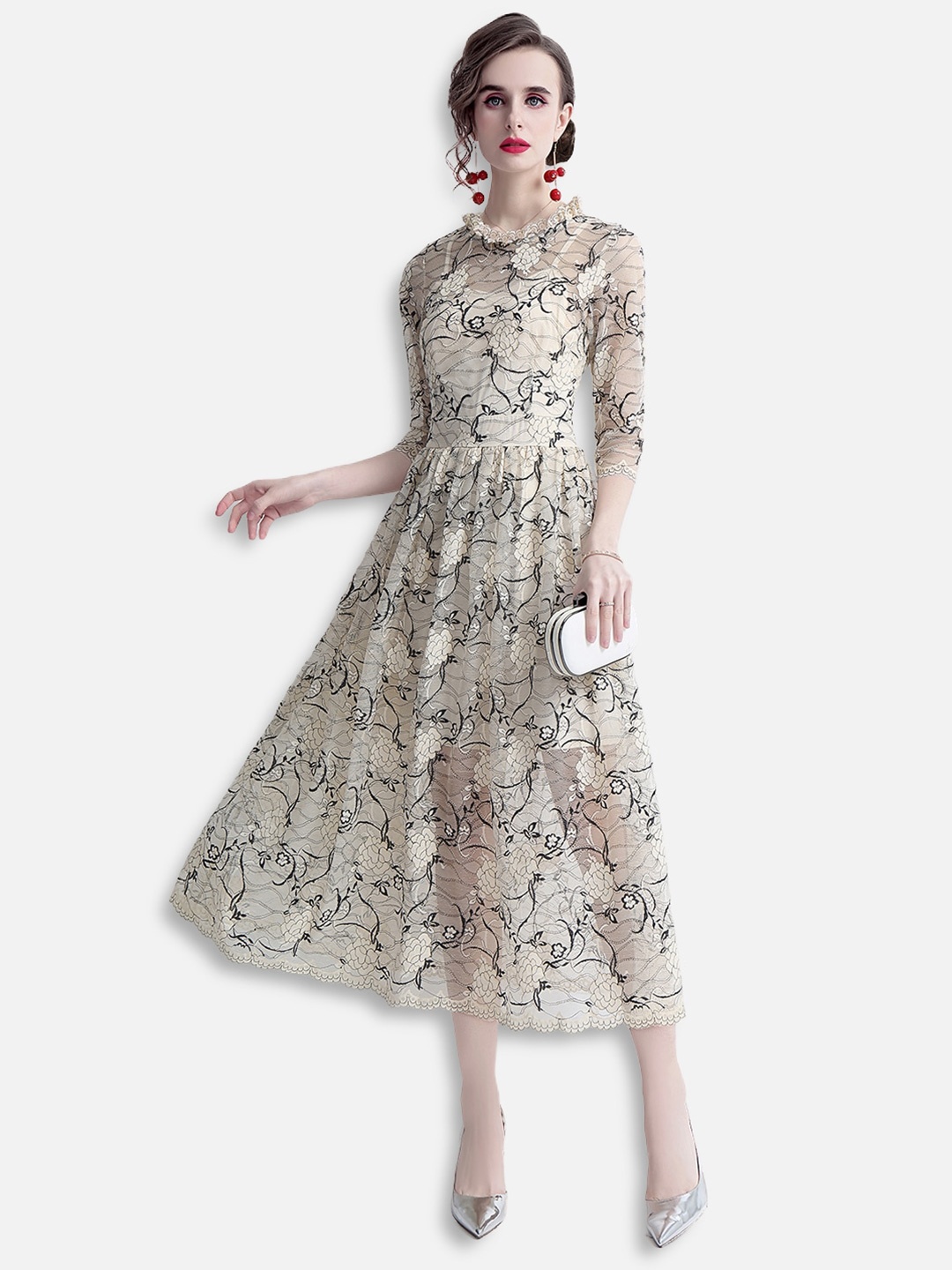 

JC Collection Women Beige & Black Floral Self Design Net Midi Fit & Flare Dress