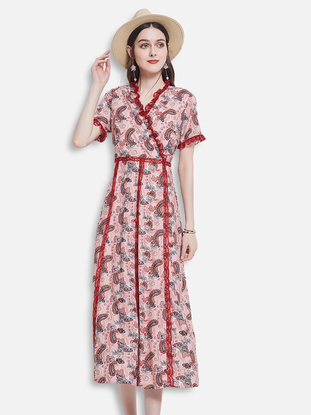 

JC Collection Women Peach-Coloured & Navy Blue Ethnic Motifs Midi Wrap Dress