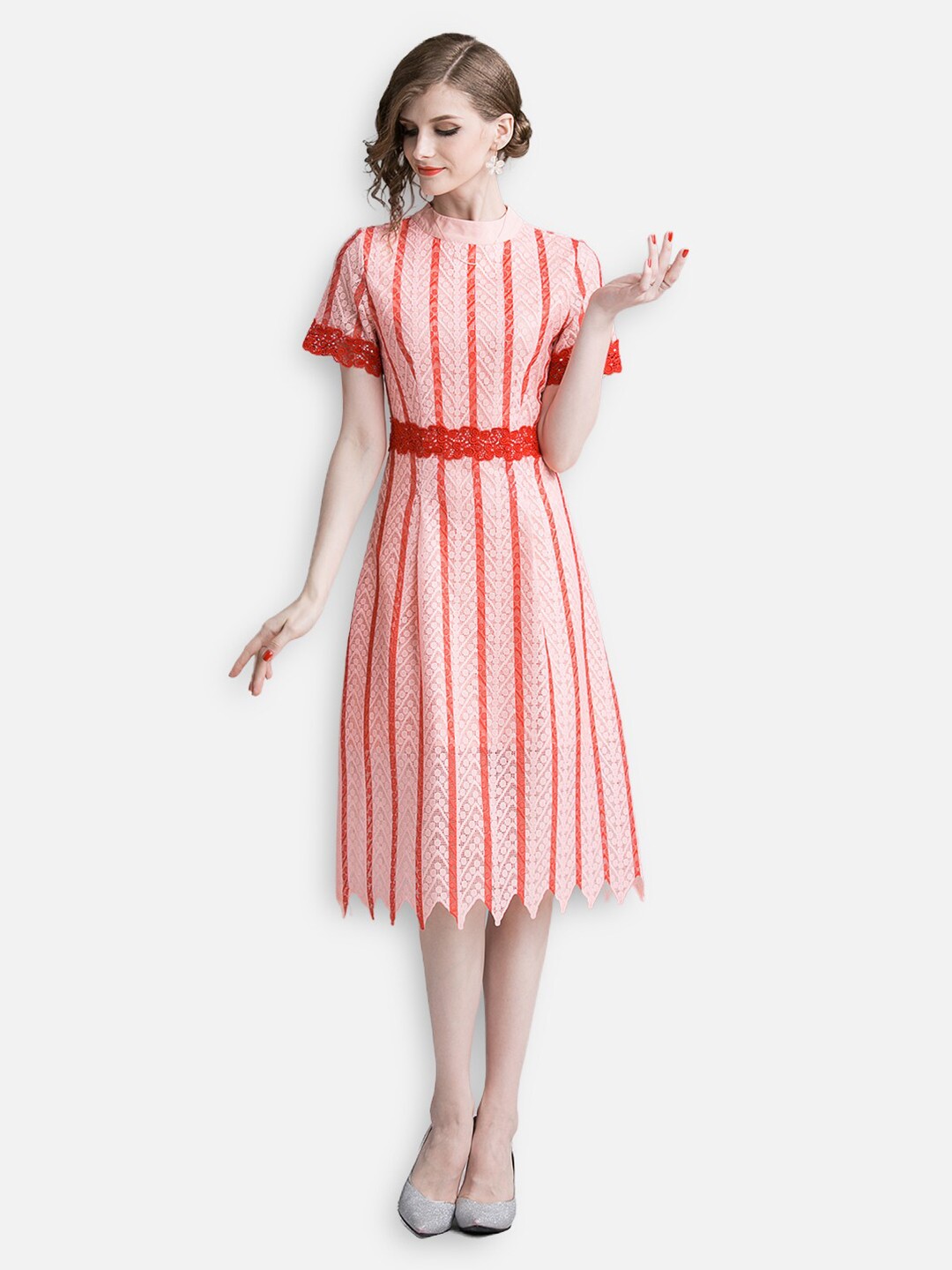 

JC Collection Women Peach-Coloured & Orange Striped A-Line Dress