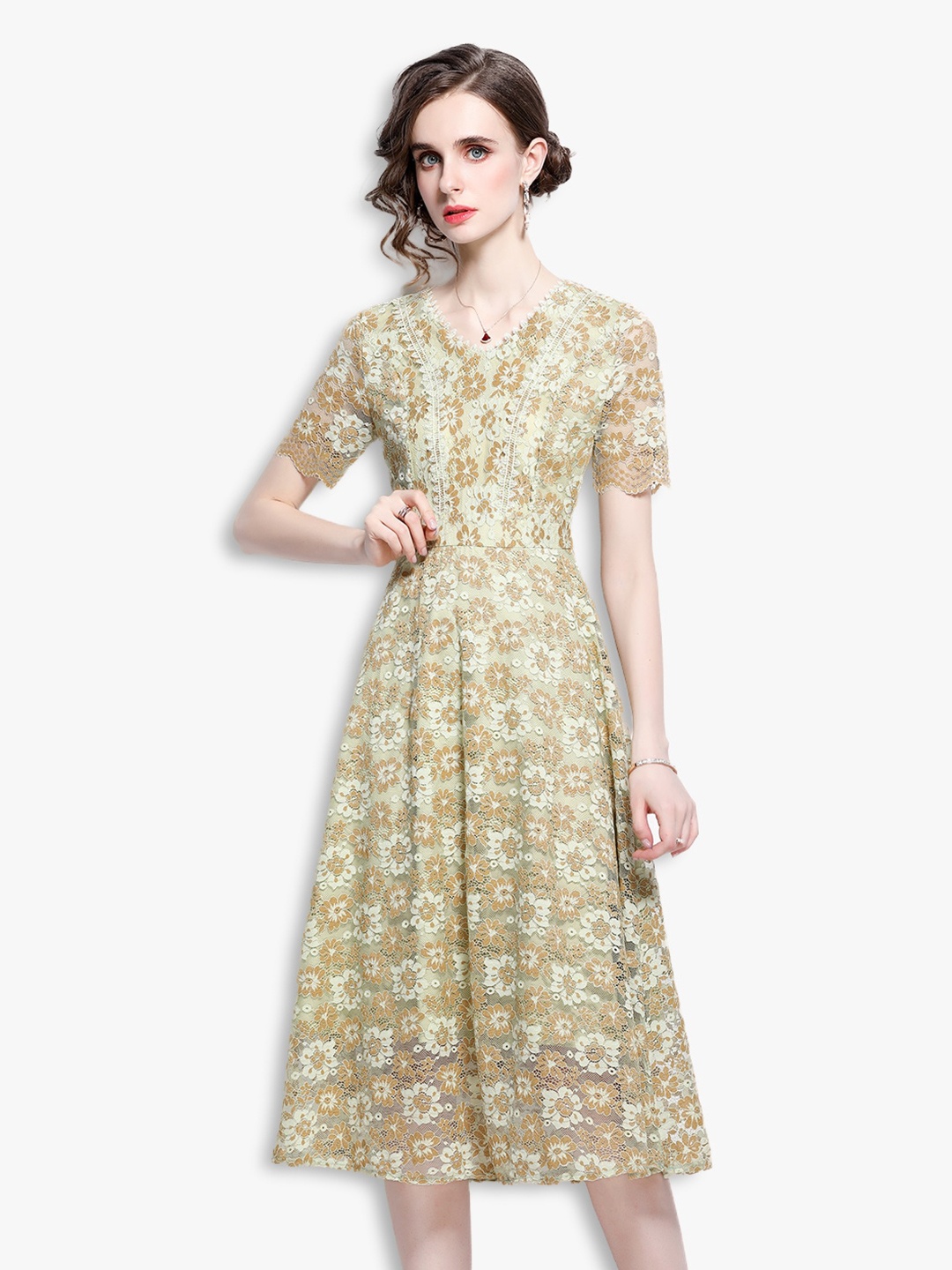 

JC Collection Women Beige Self Design Net Fit & Flare Dress