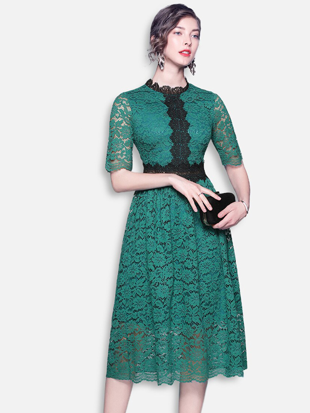 

JC Collection Women Green & Black Self Design Midi A-Line Dress