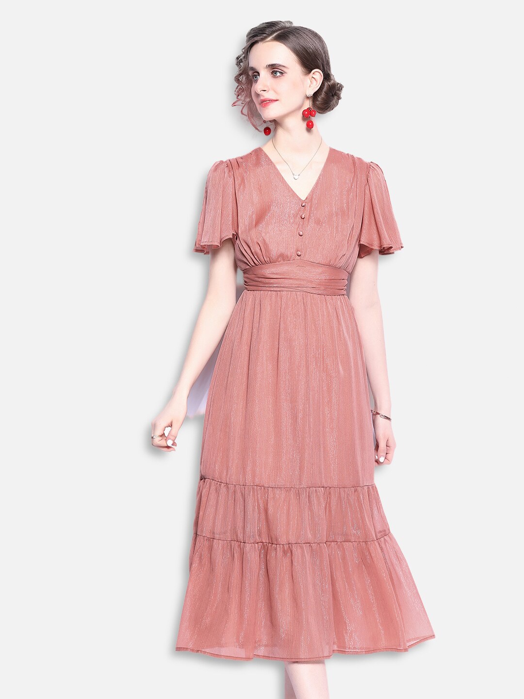 

JC Collection Women Peach-Coloured Solid A-Line Midi Dress