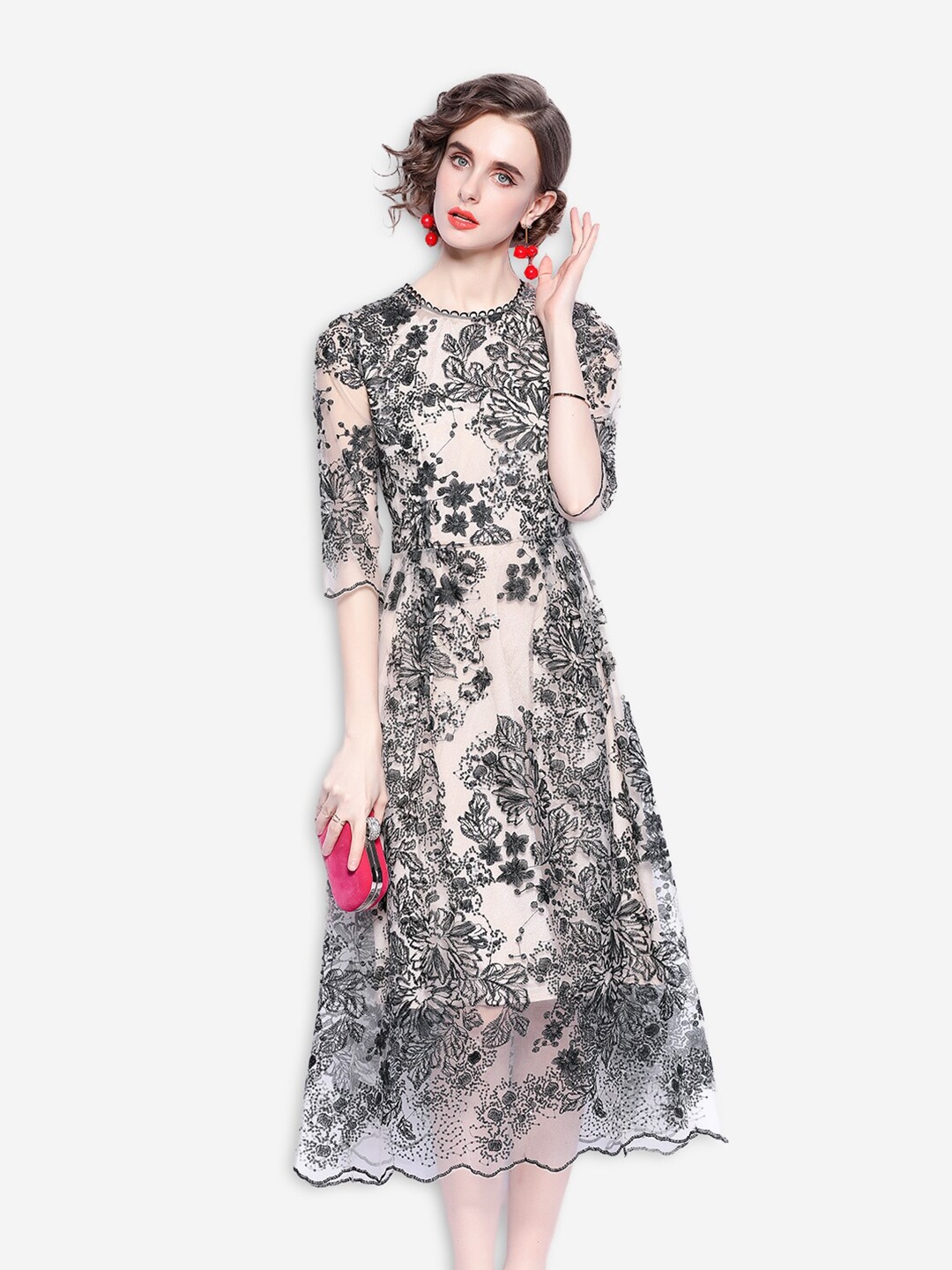 

JC Collection Women Beige & Black Self Design Net Midi Fit & Flare Dress