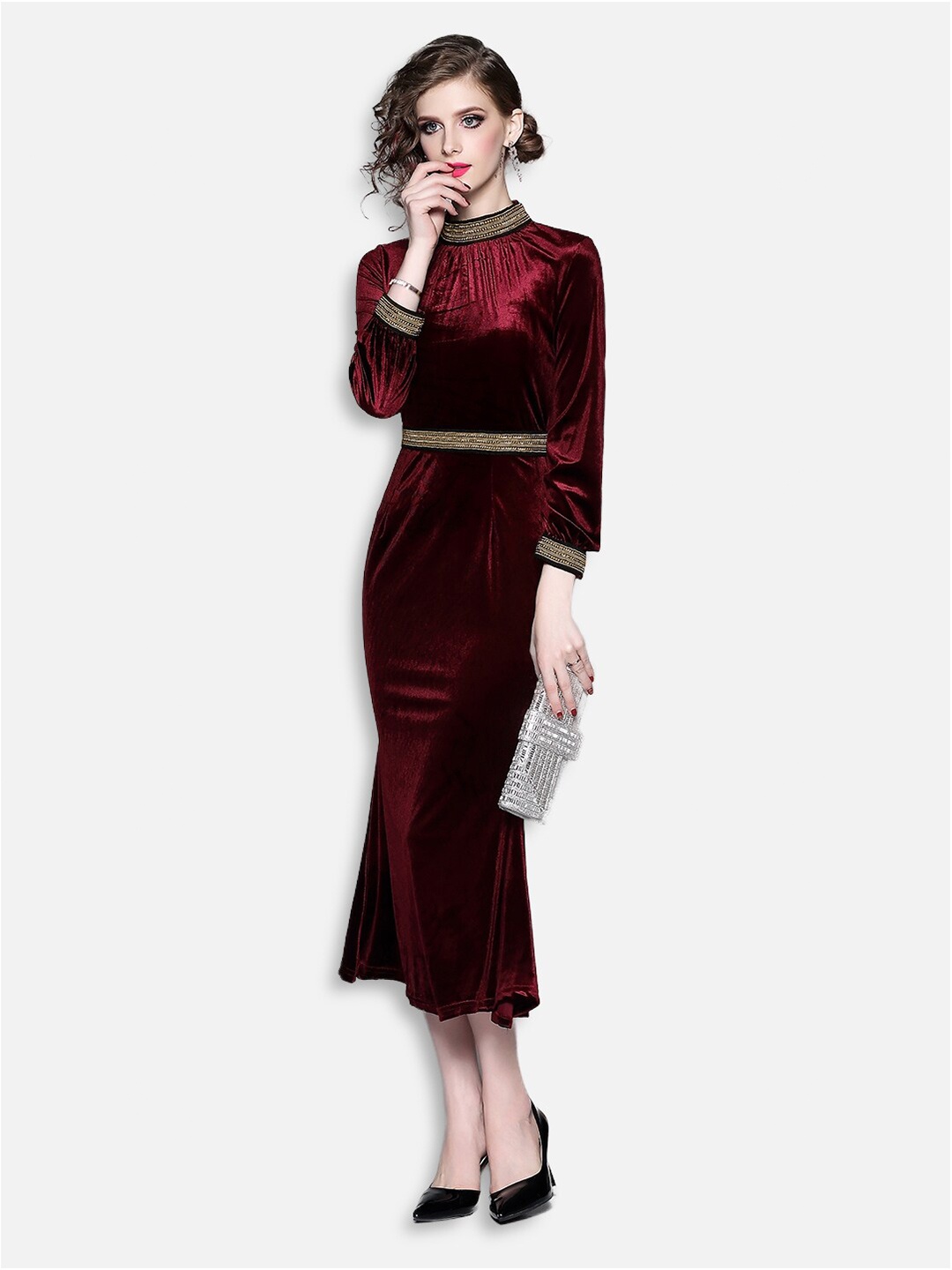 

JC Collection Women Maroon Velvet Finish Flounce Hem Maxi Dress