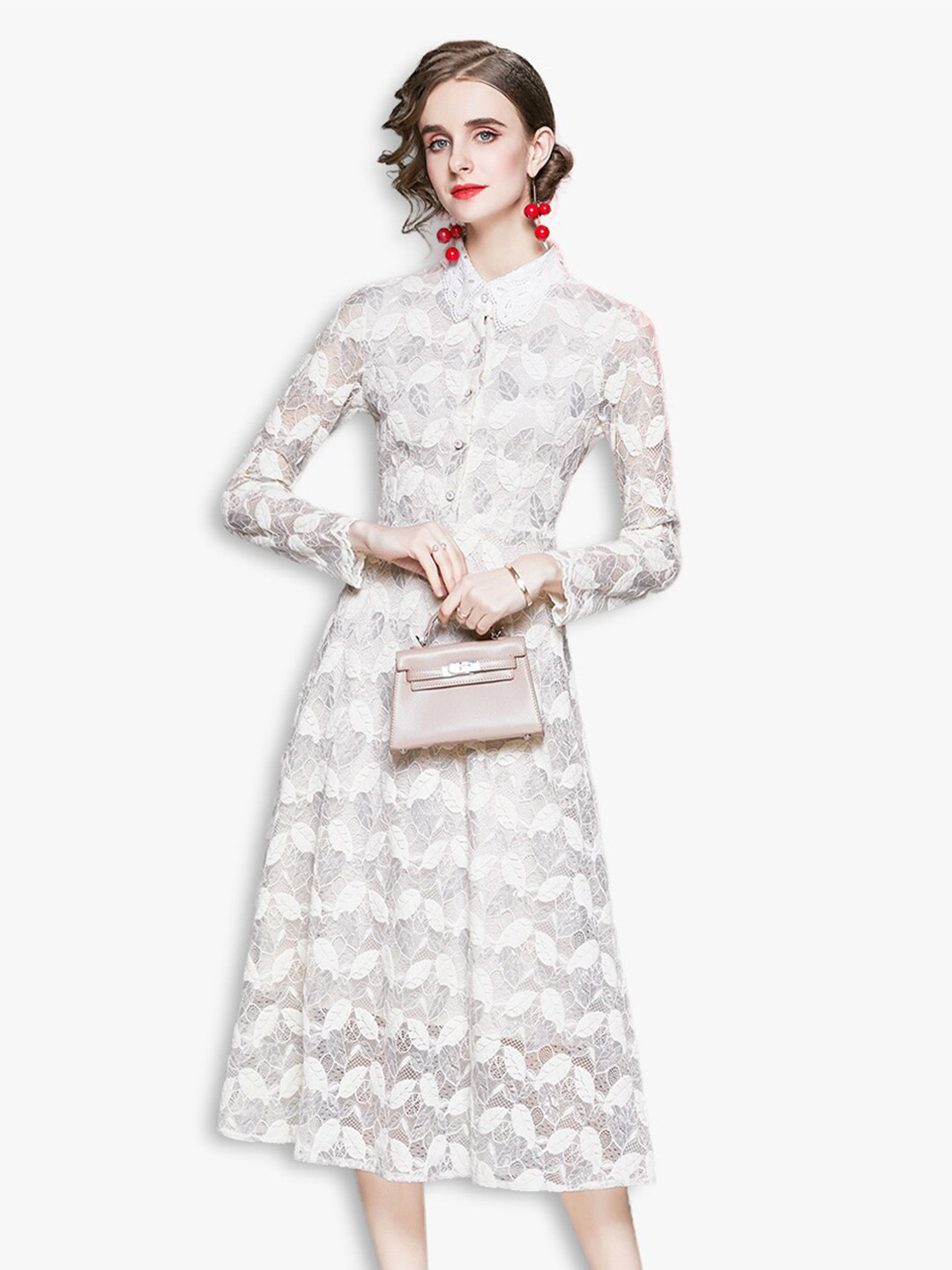 

JC Collection Women Off-White Self Design Net Midi Shirt Dress