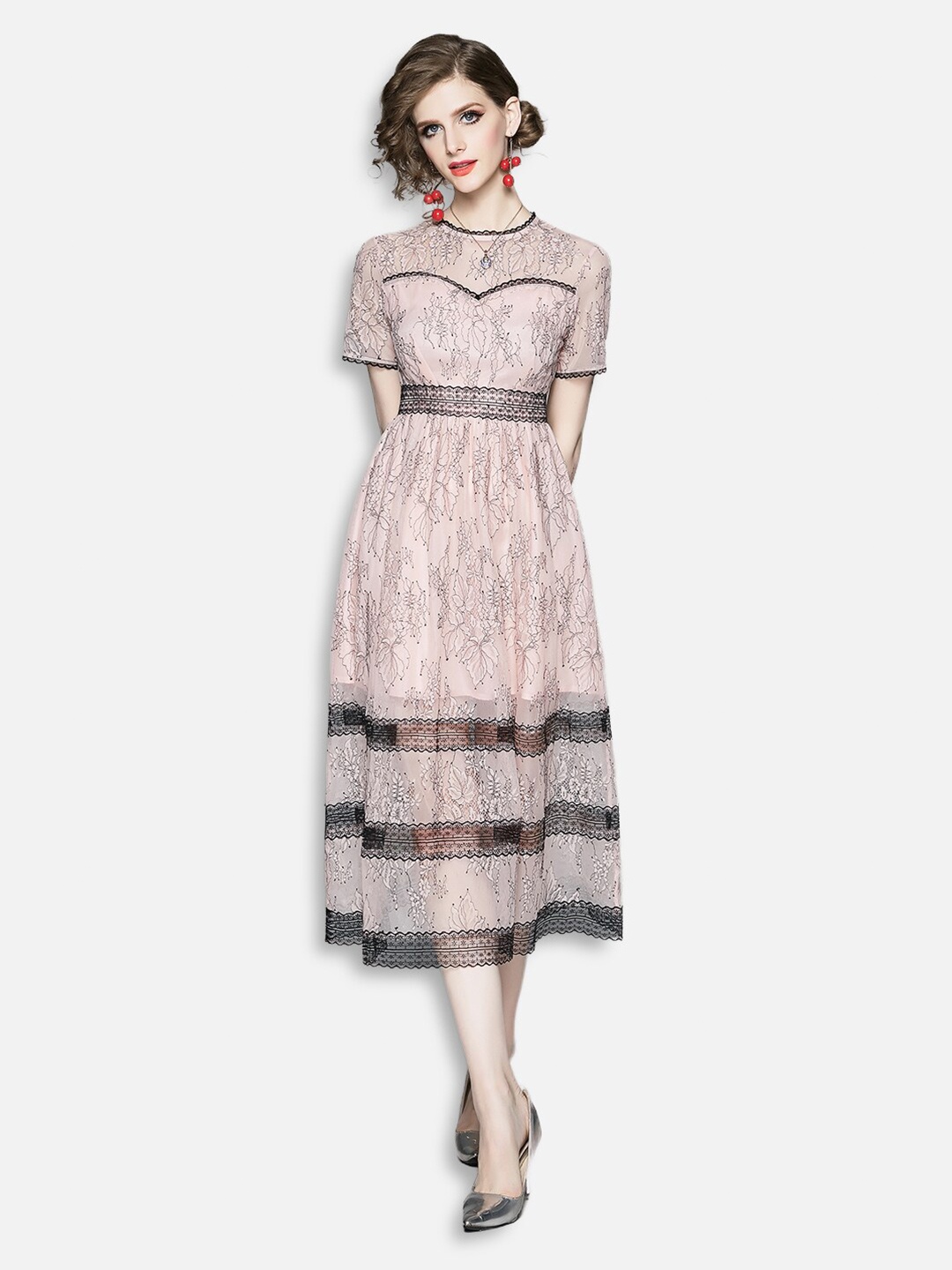 

JC Collection Women Peach-Coloured & Black Floral Net Midi Fit & Flare Dress