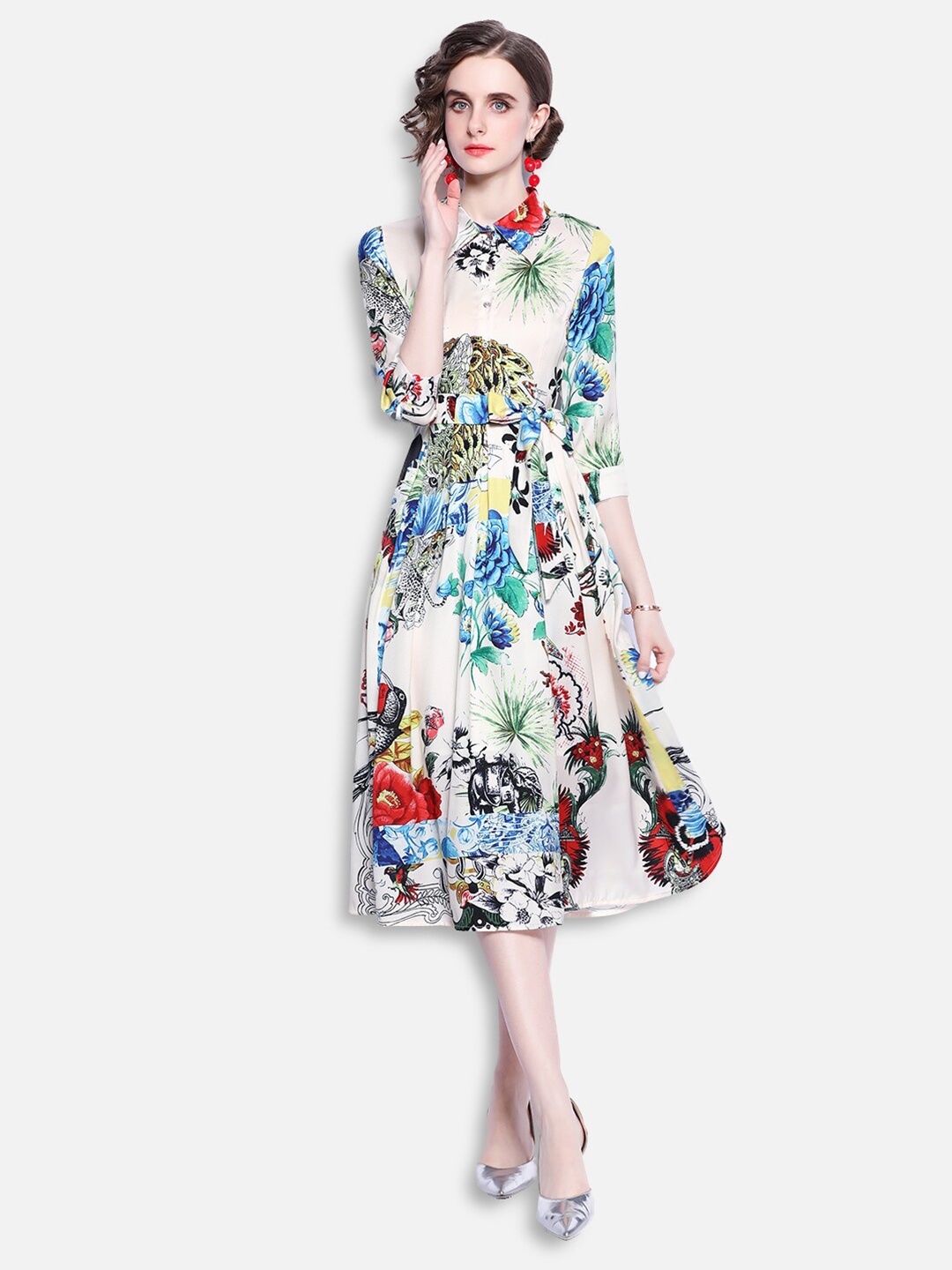 

JC Collection Women Cream-Coloured & Blue Floral Midi Shirt Dress