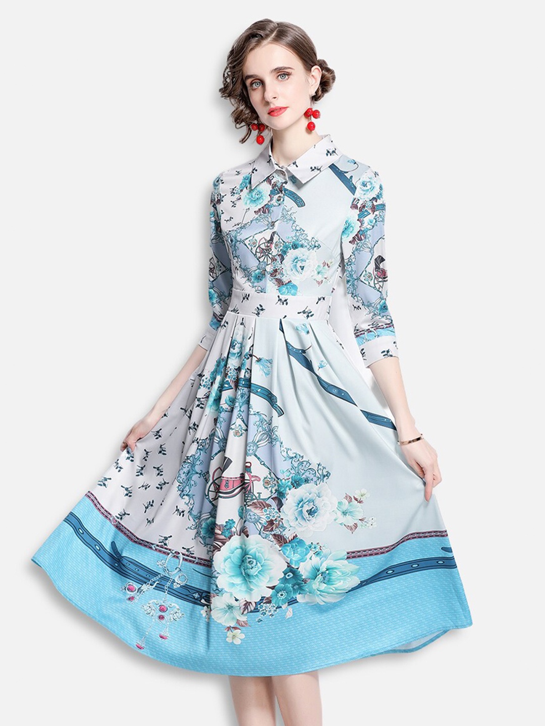 

JC Collection Women White & Blue Floral Midi Shirt Dress