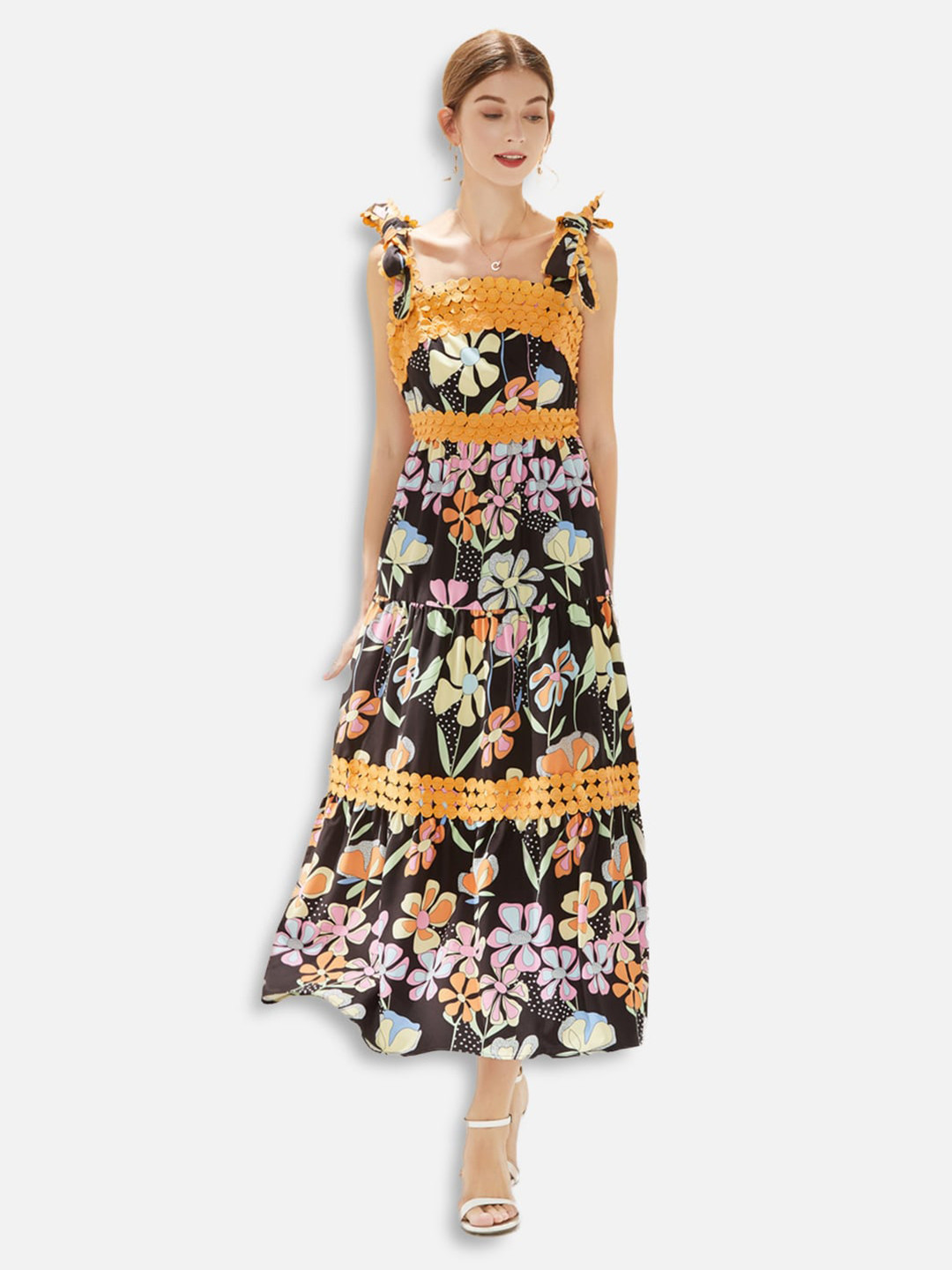

JC Collection Women Black & Mustard Yellow Floral Tiered Maxi Dress