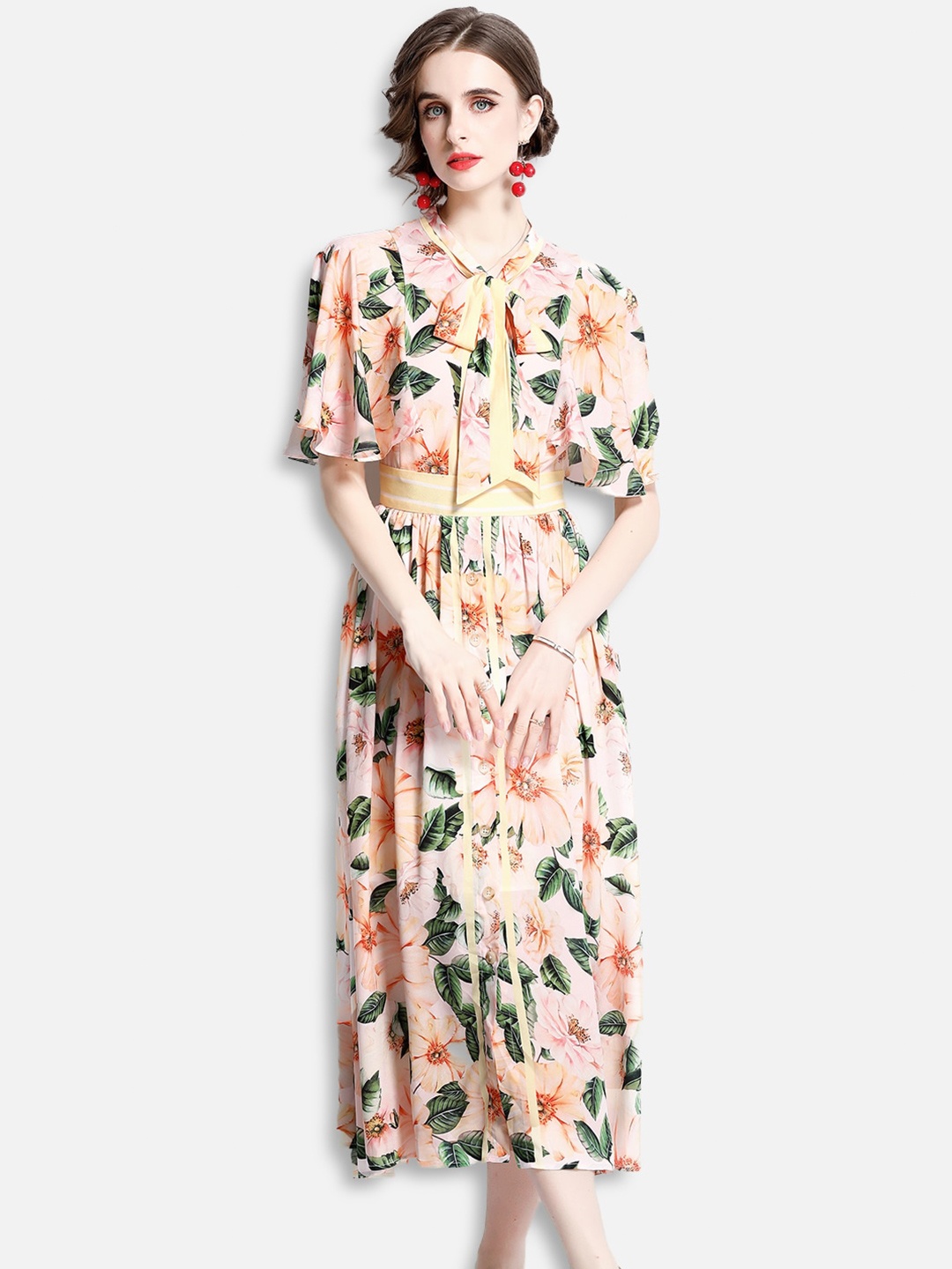 

JC Collection Women Peach-Coloured & Green Floral Tie-Up Neck Midi Fit & Flare Dress