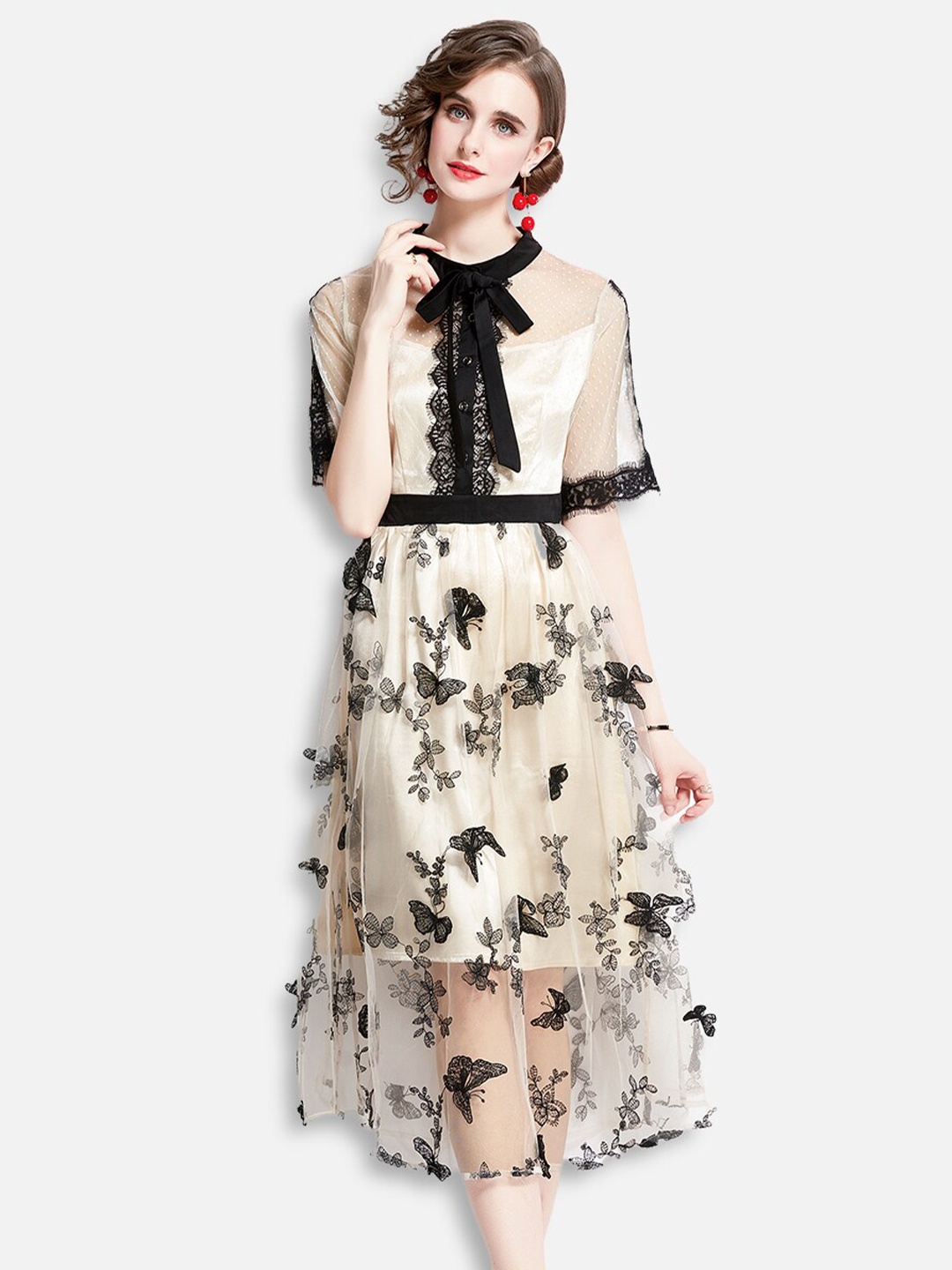 

JC Collection Beige & Black Floral A-Line Midi Dress