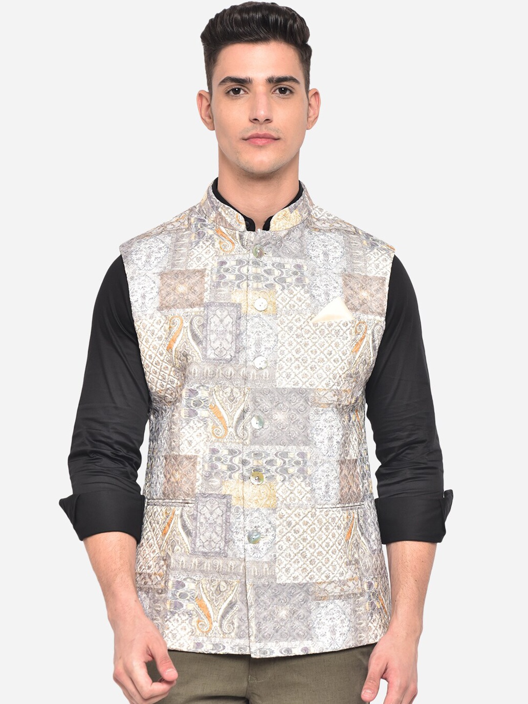

JB STUDIO Men Grey Printed Terry Wool Waistcoat