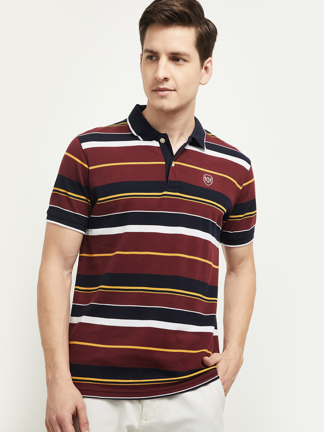 

max Men Maroon Striped Polo Collar T-shirt