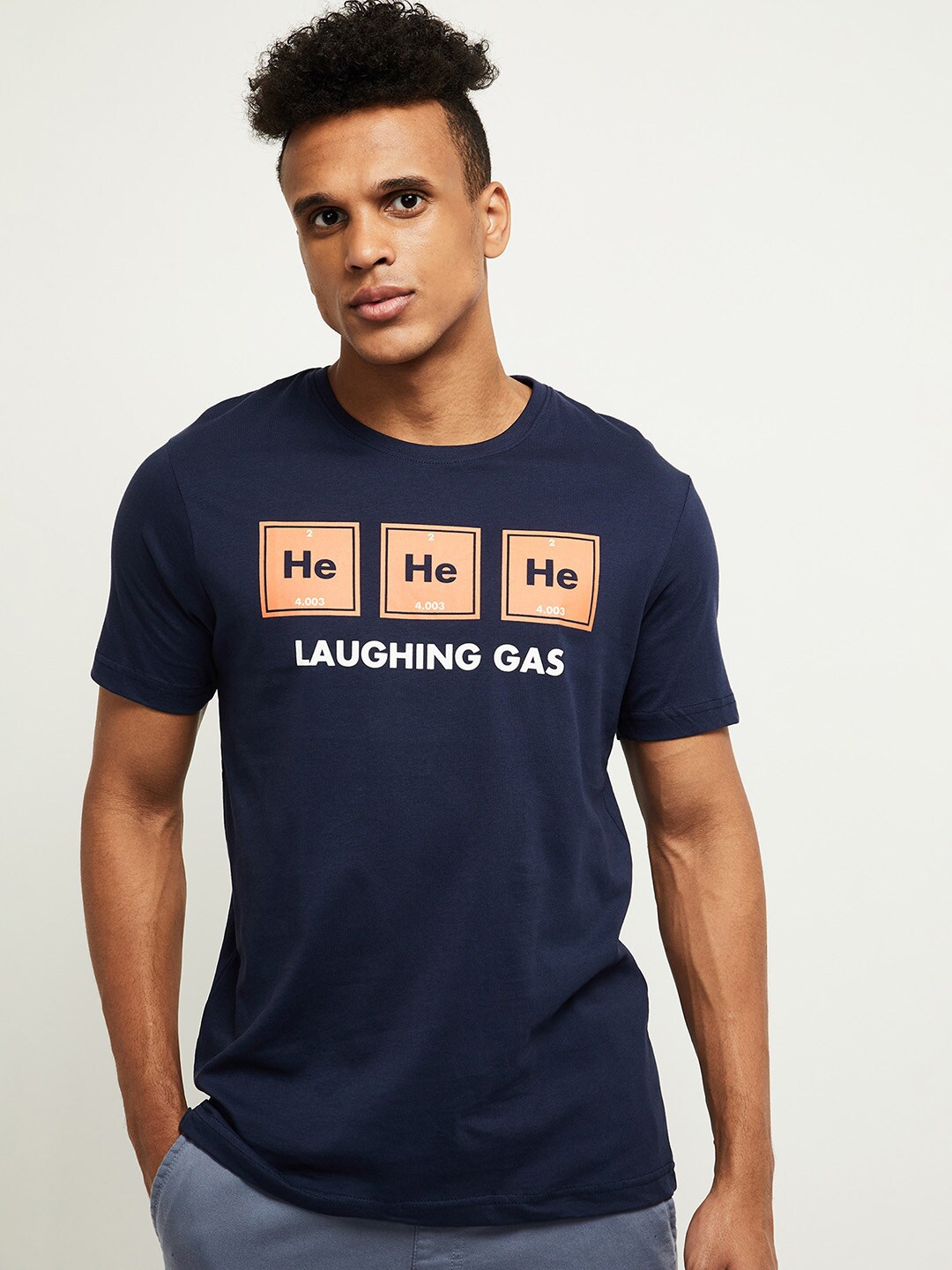 

max Men Navy Blue & Peach-Coloured Typography Printed Pure Cotton T-shirt