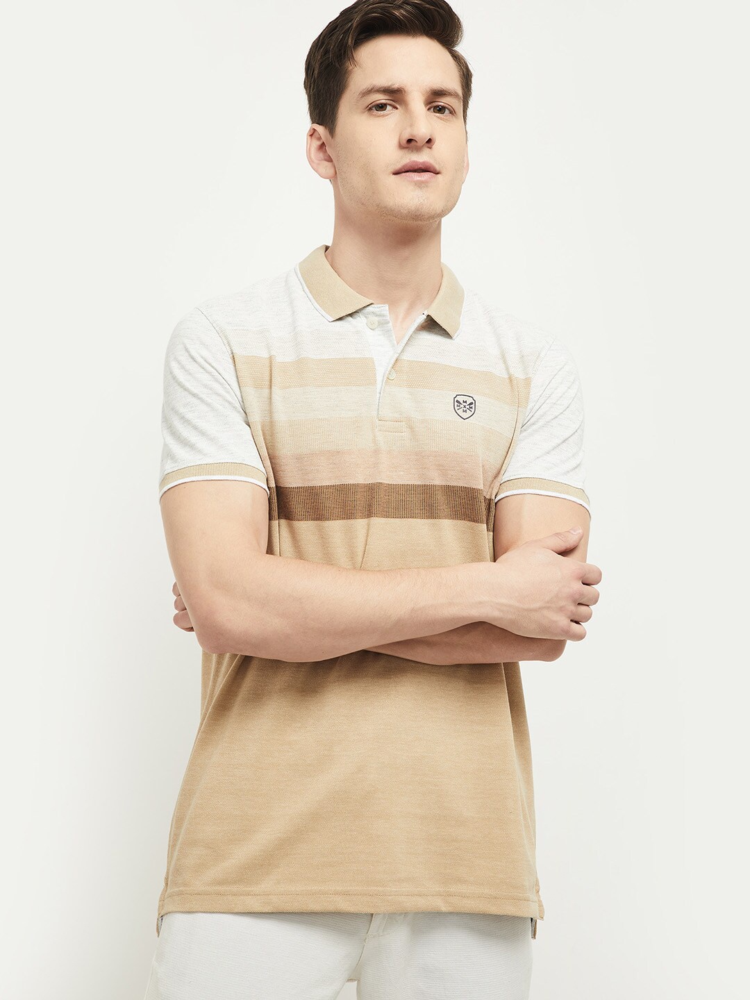 

max Men White & Brown Striped Polo Collar T-shirt