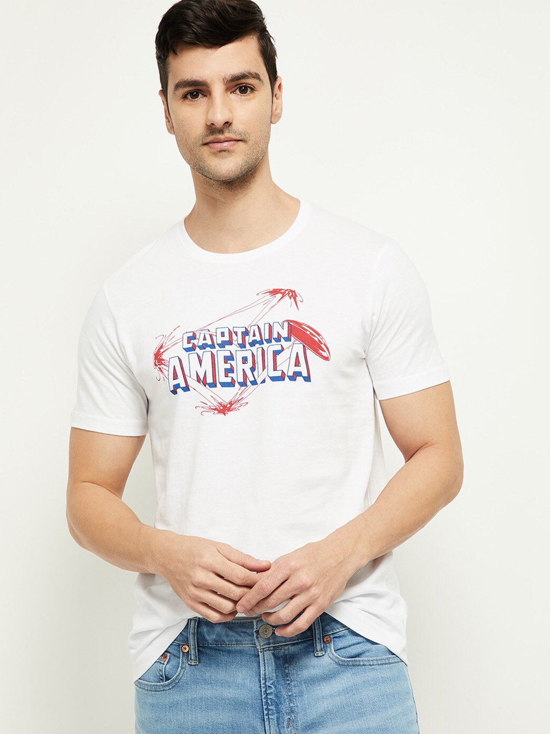 

max Men White Captain America Printed T-shirt