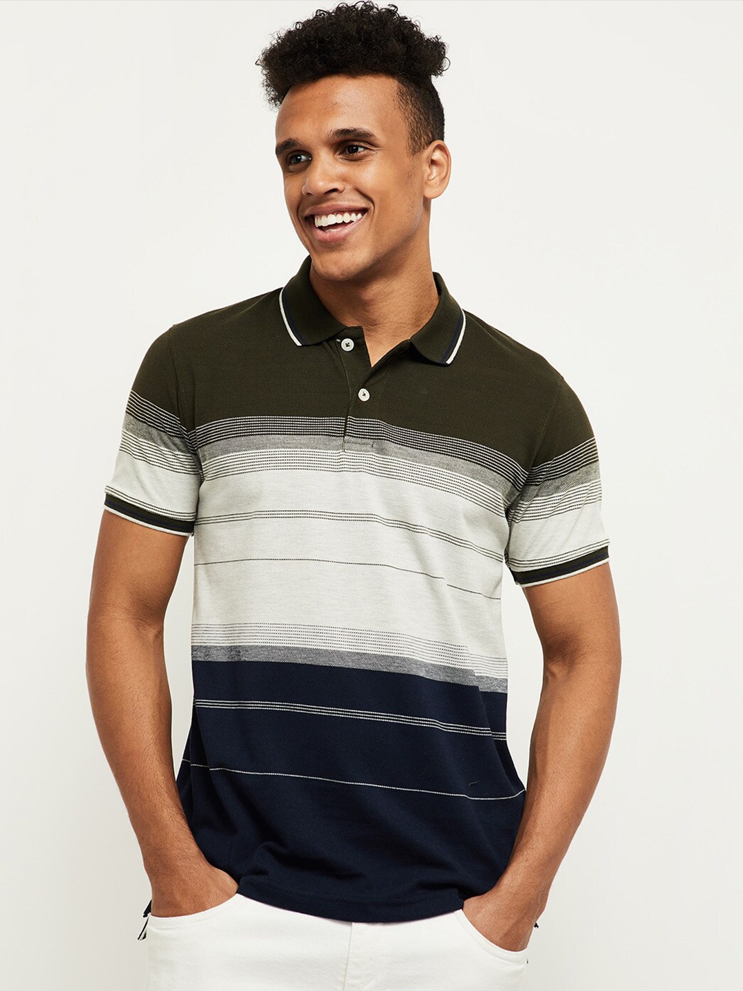 

max Men Olive Green Striped Polo Collar T-shirt