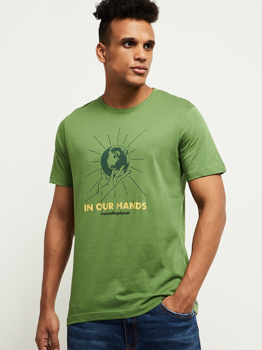 

max Men Green & Yellow Printed Pure Cotton T-shirt