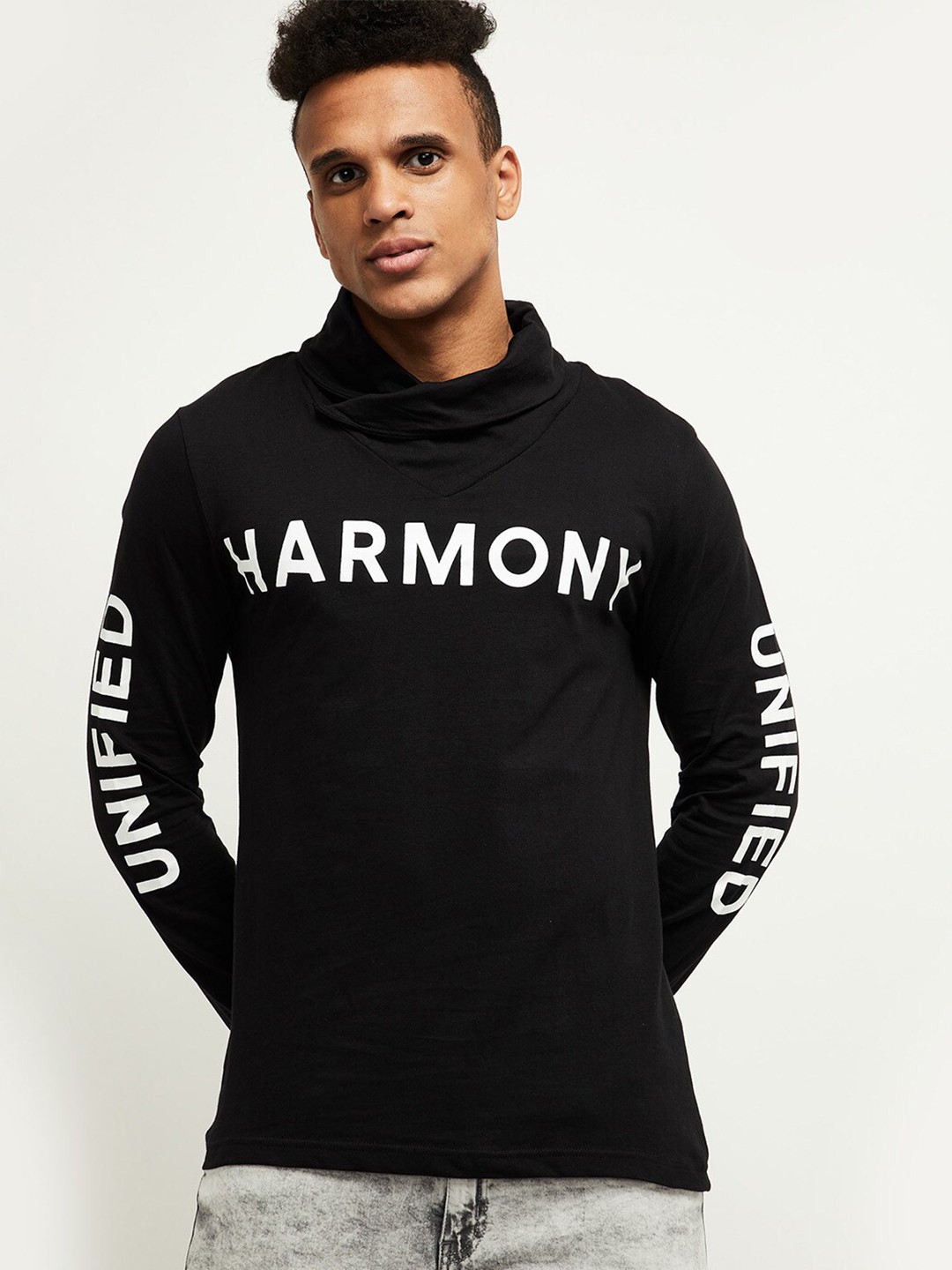 

max Men Black Typography Printed High Neck T-shirt