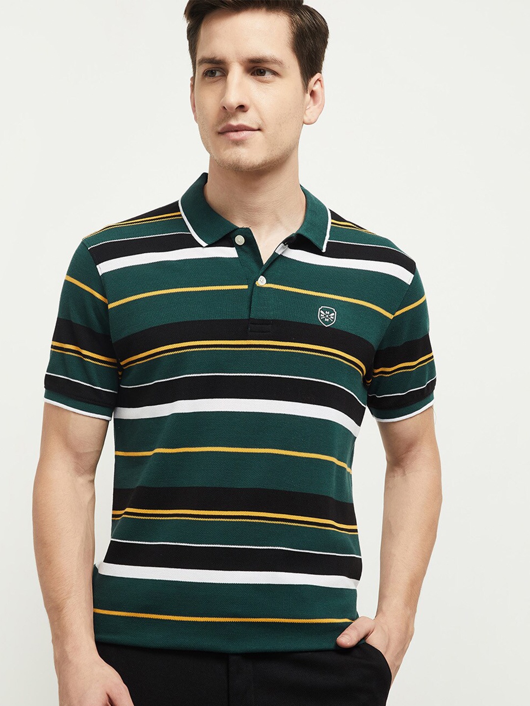 

max Men Green & Blue Striped Polo Collar T-shirt