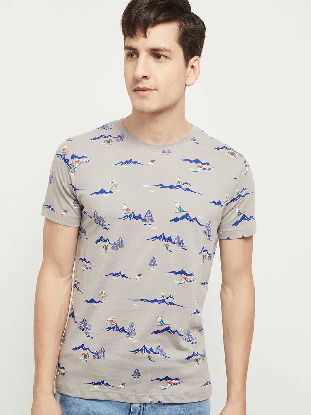

max Men Grey & Blue Printed Pure Cotton T-shirt